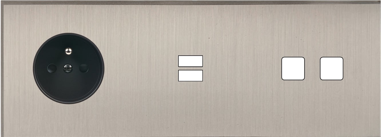MODELEC - Façade Empreintes ANGLE Nickel Satiné Triple Horiz Prise de Courant U1 2 boutons