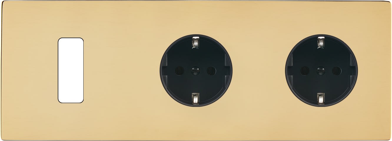 MODELEC - Façade "M" Laiton Miroir Triple Horizontale 1 Bouton 2 Prises Schuko magnétique