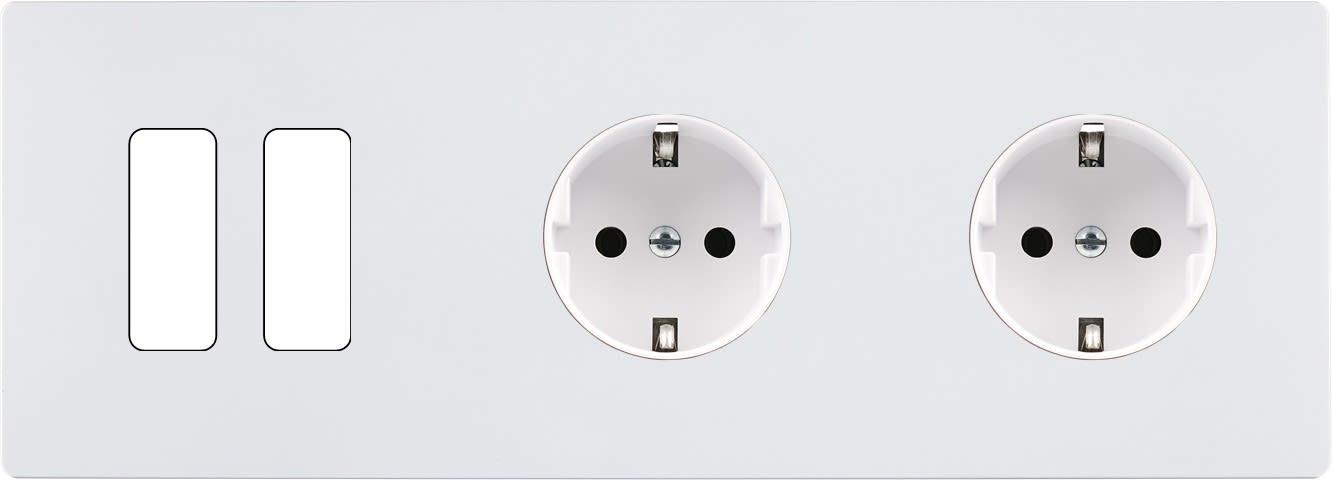 MODELEC - Façade "M" Blanc Mat Trip Horiz 2 Boutons 1 Prise Schuko 1 Prise Schuko magnétiq