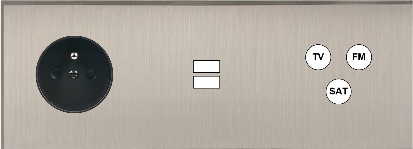 MODELEC - Façade Empreintes ANGLE Nickel Sat Triple Horizontale Prise de Courant U1 C3 M