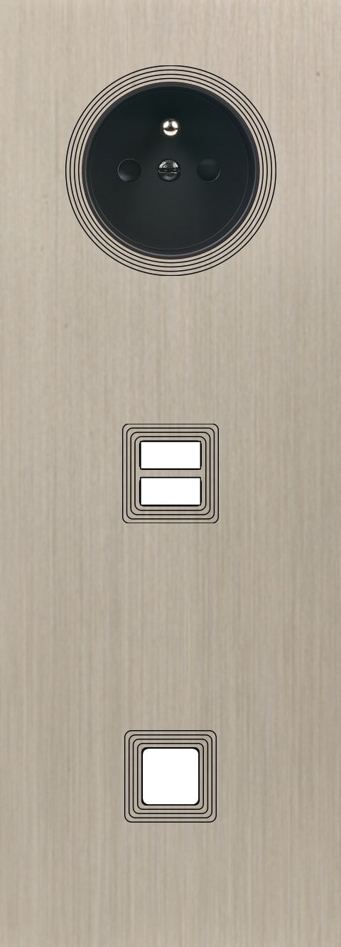 MODELEC - Façade Empreintes VOLUME Nickel Sat Triple Verti Prise de Courant U1 1 bouton M