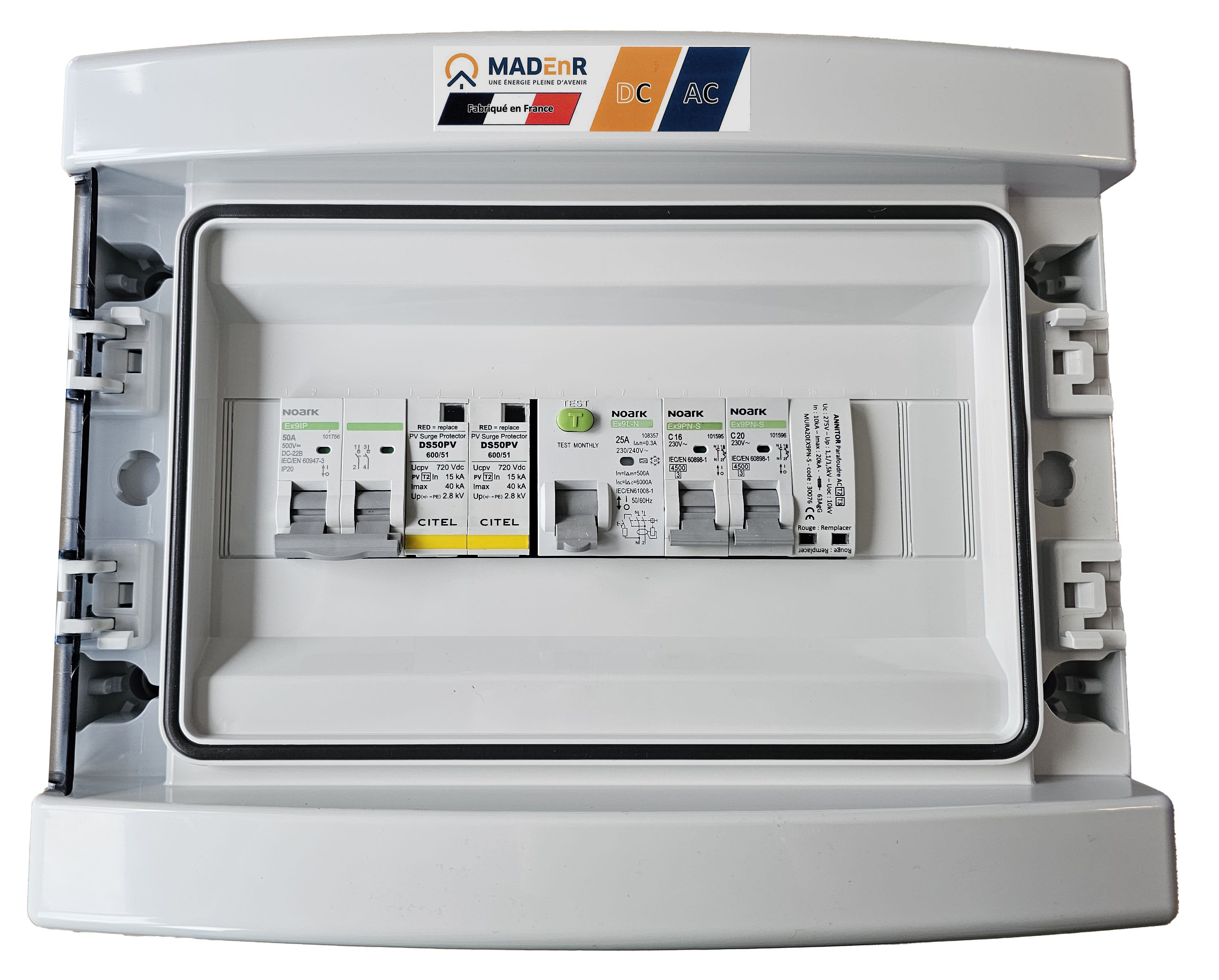 Madenr - Coffret DC+AC 600V Monophasé 1MPPT de 2 Strings avec para 1 ond 3kW (C16) 300mA