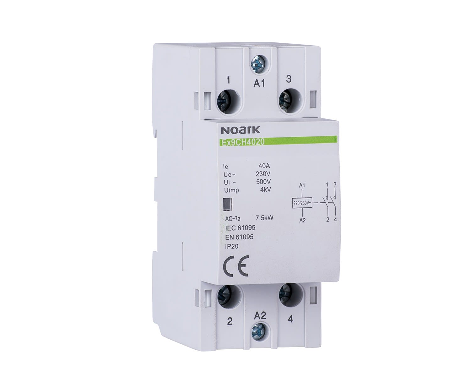 Madenr - Contacteur modulaire EX9CH40 : 2 NF, 230 VAC, 40 A, 50/60 Hz, 1 module