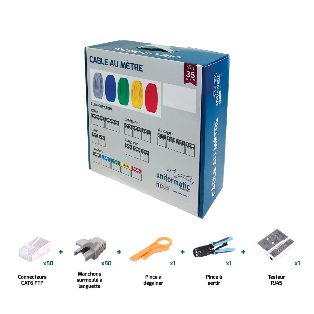 Uniformatic - KIT 100 METRES CABLE PATCH CAT6 FTP LSZH + 50 RJ45 + PINCE A SERTIR + TESTEUR