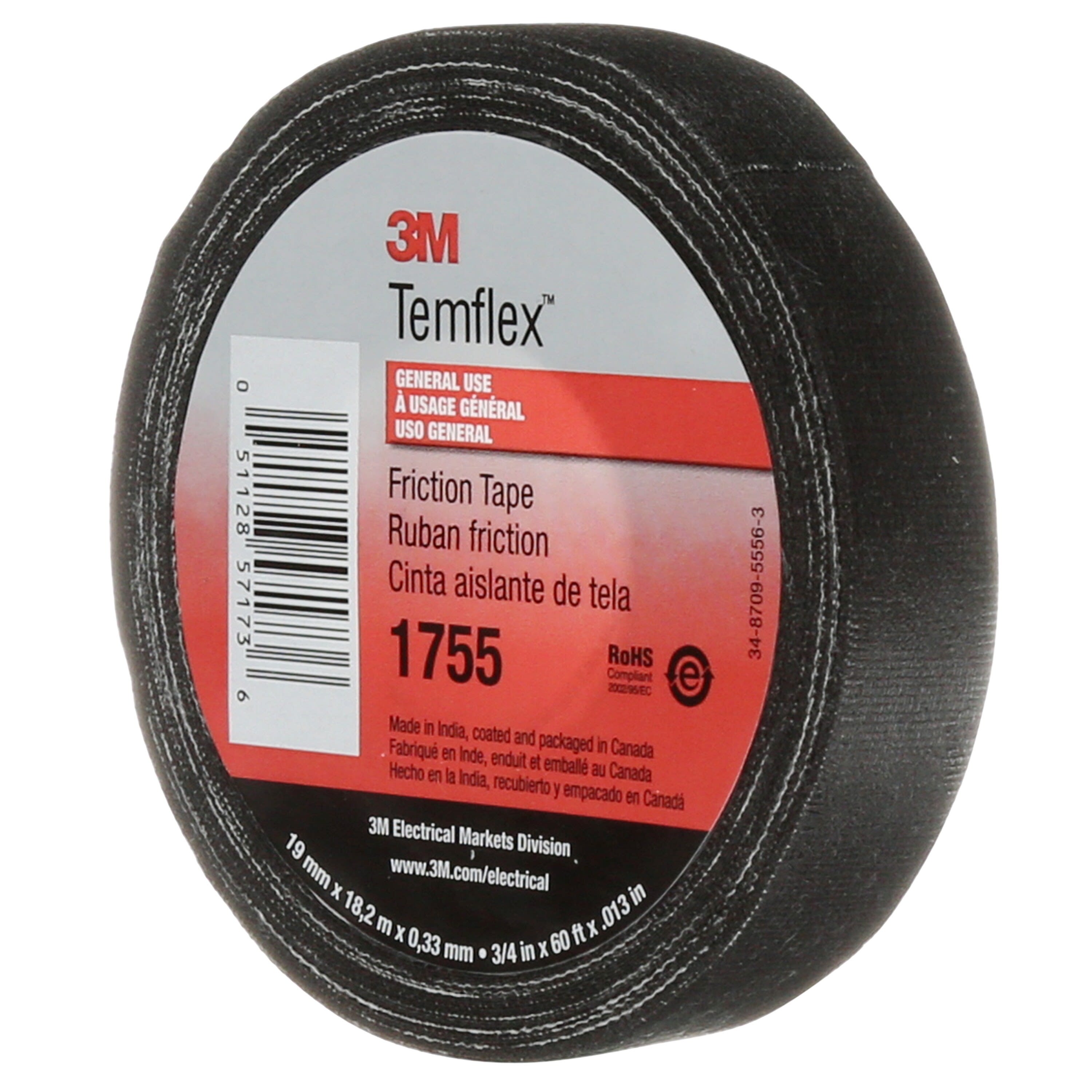 3M Electricite - 3M Temflex 1755 Bande anti-friction Noire en coton 25m x 38mm