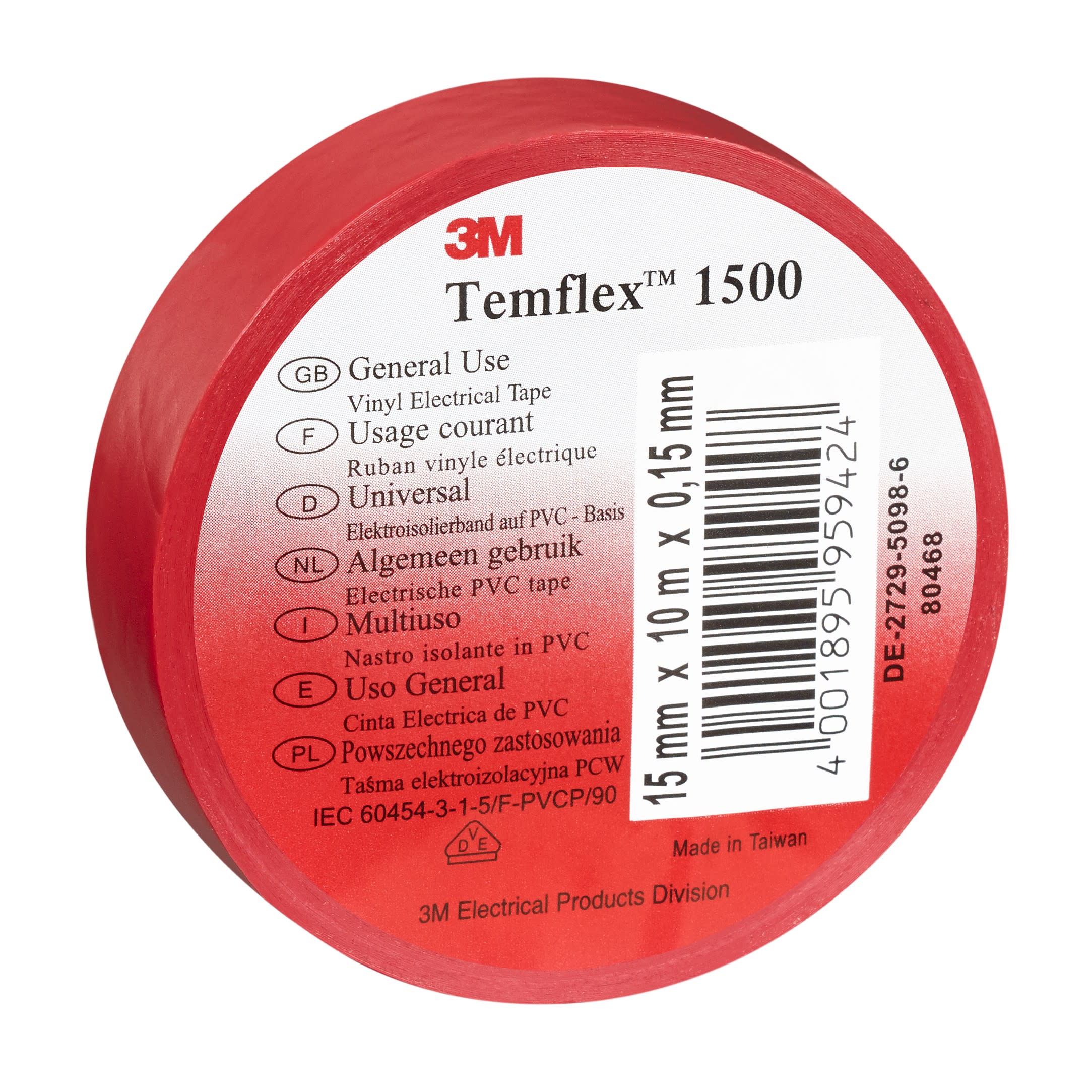 3M Electricite - 3M Temflex 1500 Ruban d'isolation electrique 10m x 15mm Rouge