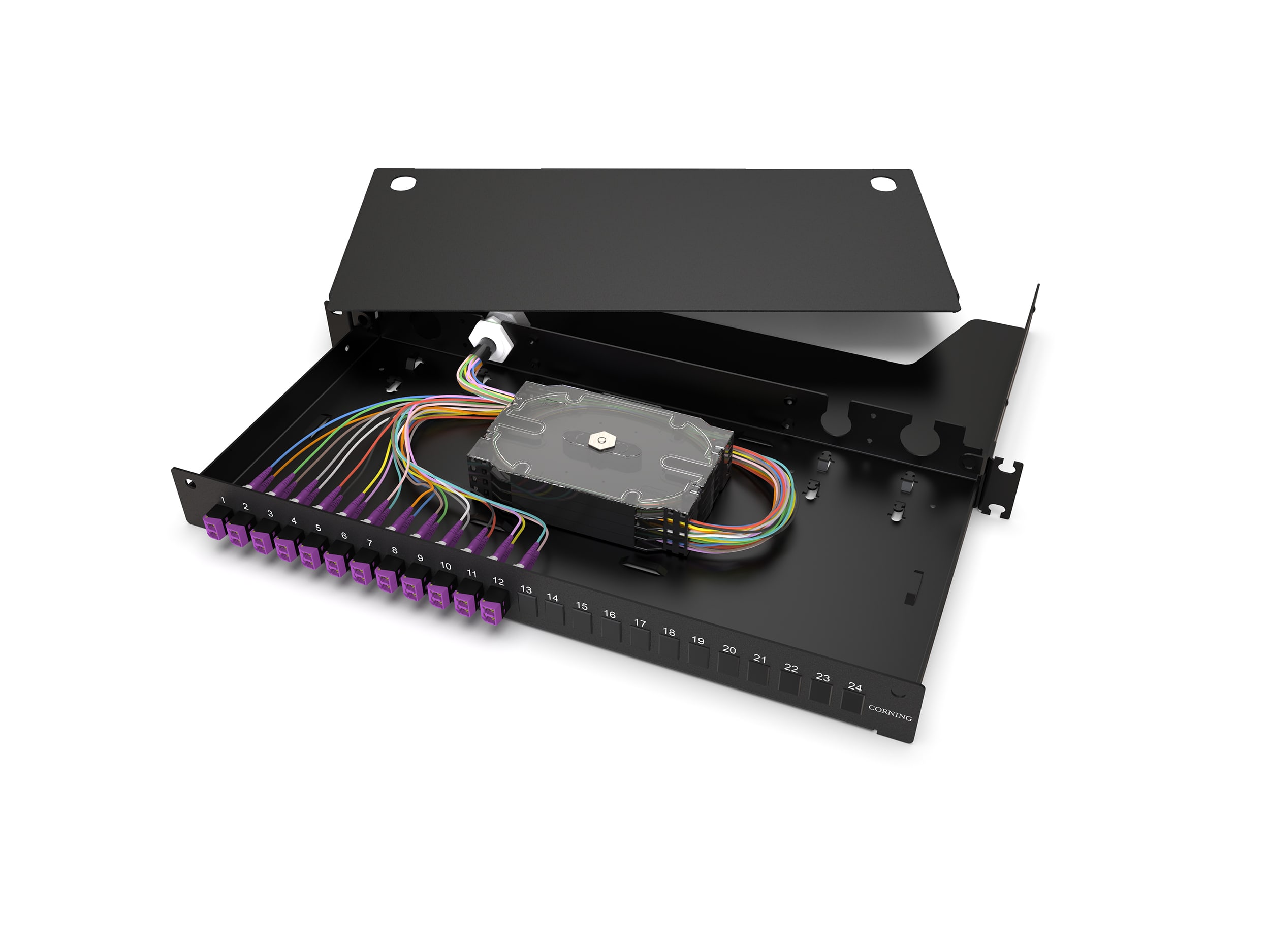 Corning - Tiroir optique LAN1, 1U avec 12 rac LC duplex MM et 24 pig OM4 pour 24FO - NO