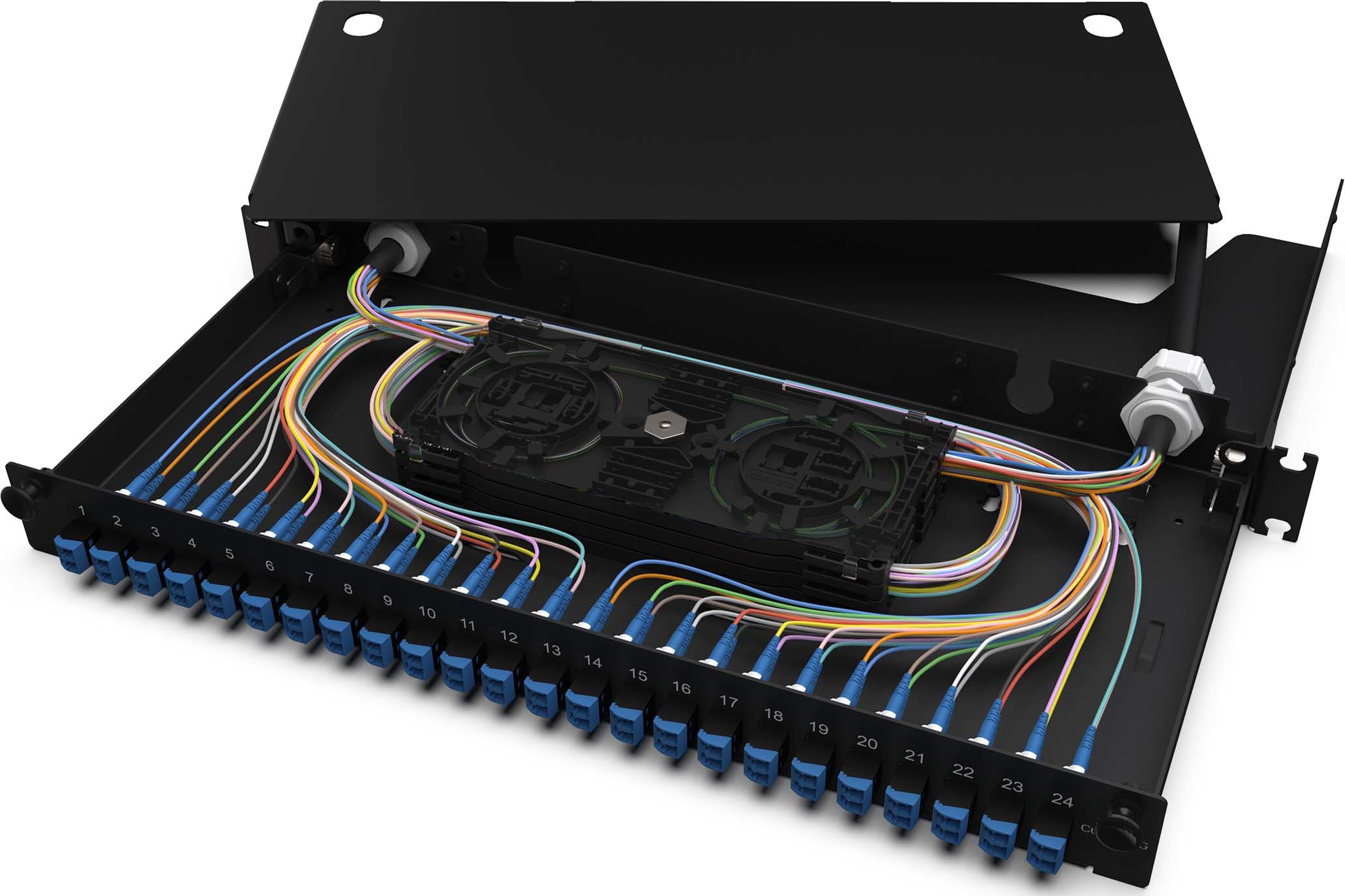 Corning - Tiroir optique LAN1, 1U avec 48 racc LC dupl MM et 96 pig OS2 pour 96FO - NO