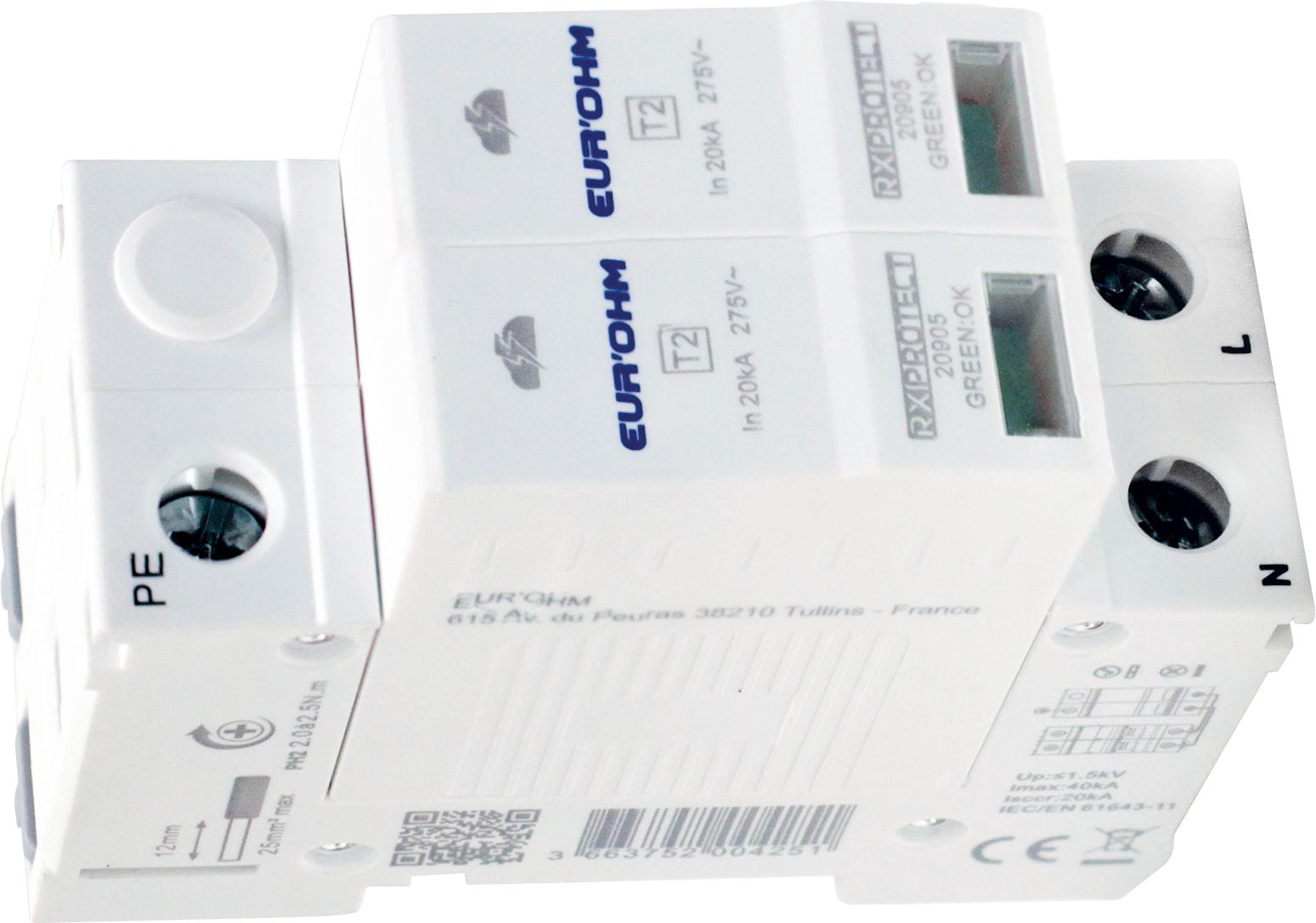 Eur Ohm - Parafoudre 1P+N  T2, Imax 40kA, In 20kA