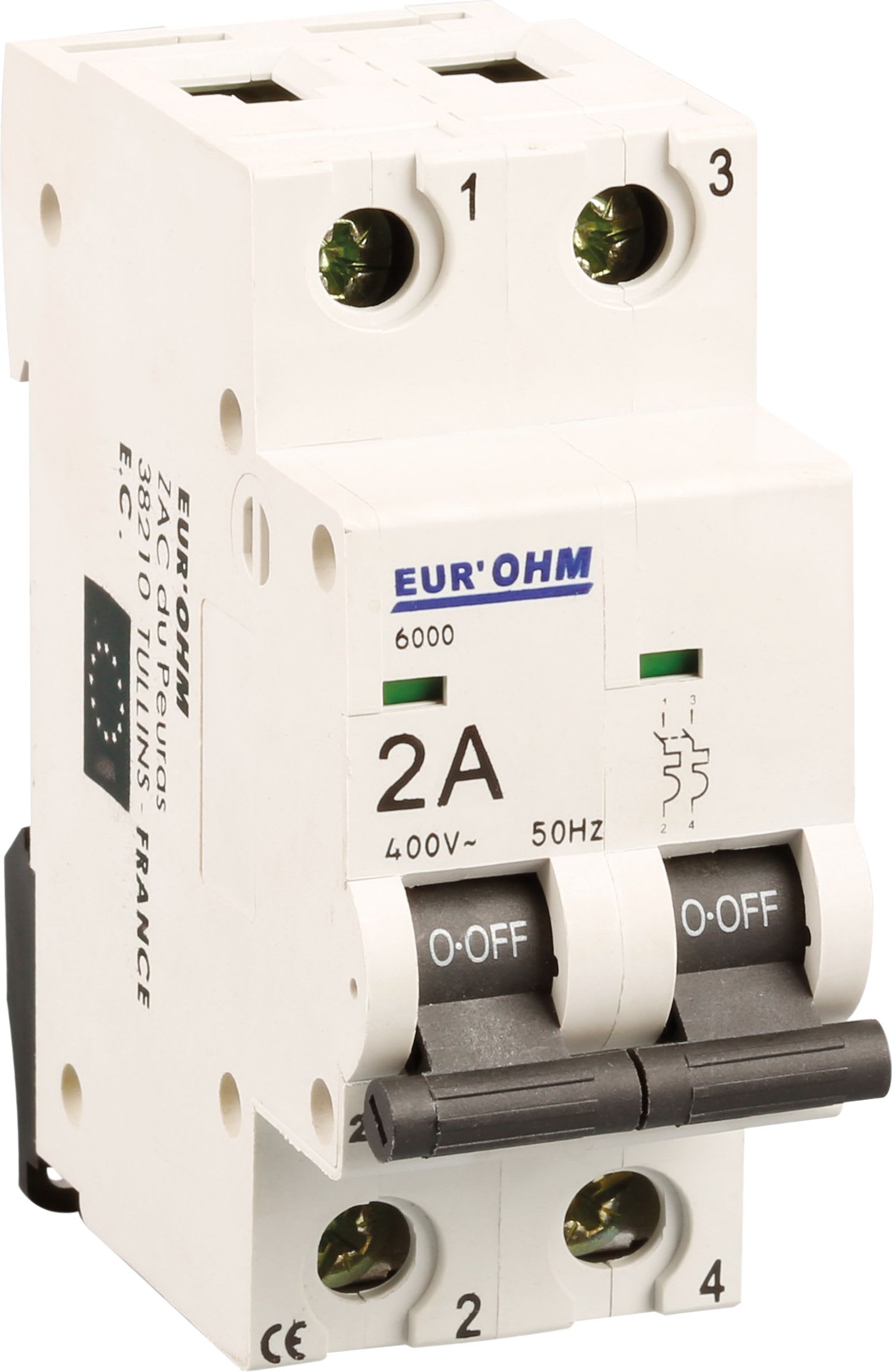 Eur Ohm - Disjoncteur 2P 2A courbe C connexion vis haut/bas 6kA
