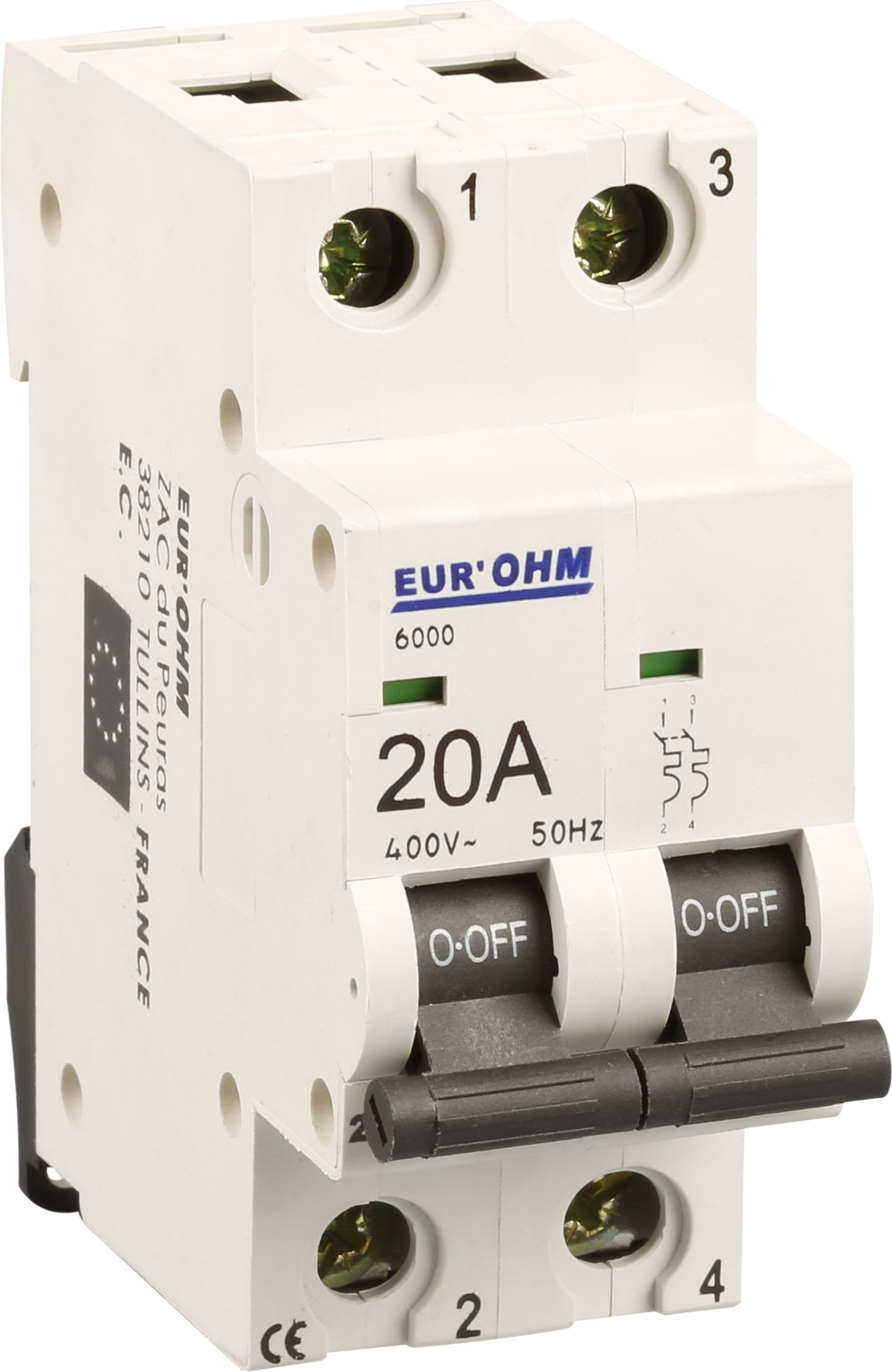 Eur Ohm - Disjoncteur 2P 20A courbe C connexion vis haut/bas 6kA