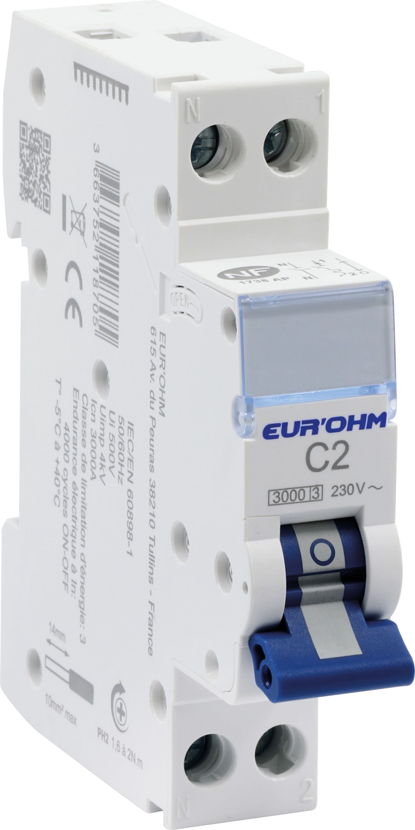 Eur Ohm - Disjoncteur 1P+N 2A courbe C connexion vis/vis 3kA NF