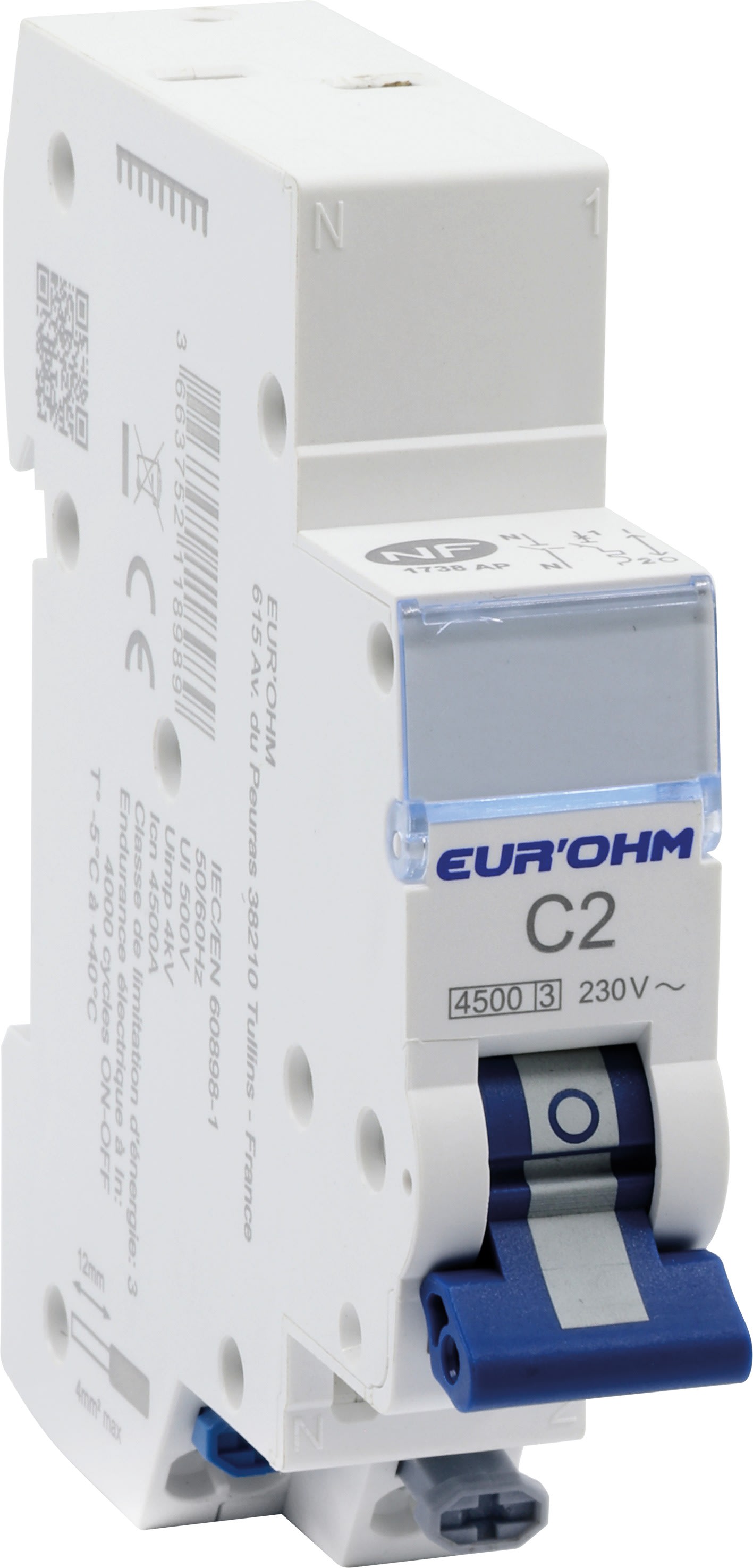 Eur Ohm - Disjoncteur 1P+N 2A courbe C connexion rapide/rapide 4,5kA NF