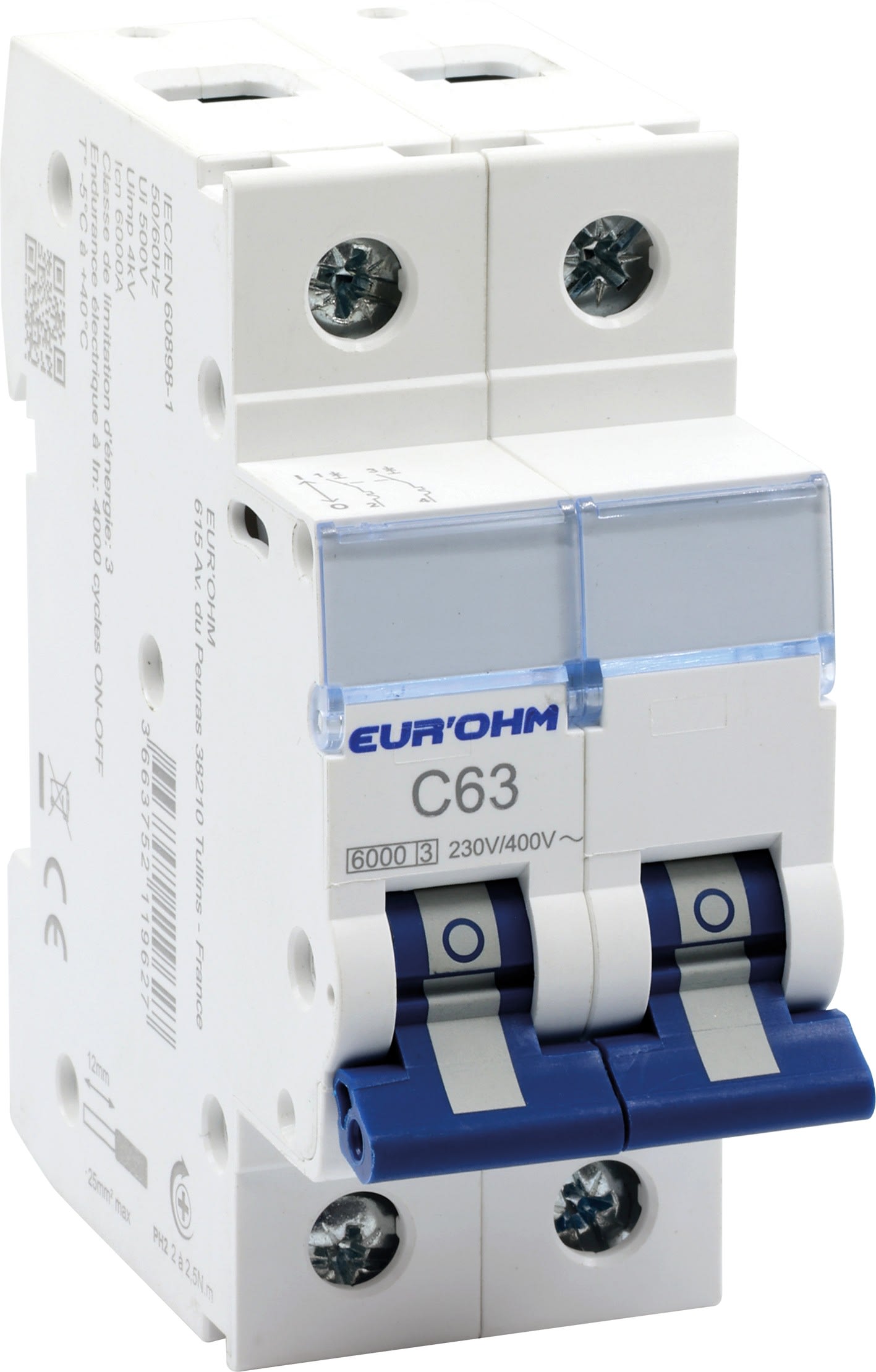 Eur Ohm - Disjoncteur 2P 63A courbe C connexion vis/vis 6kA NF