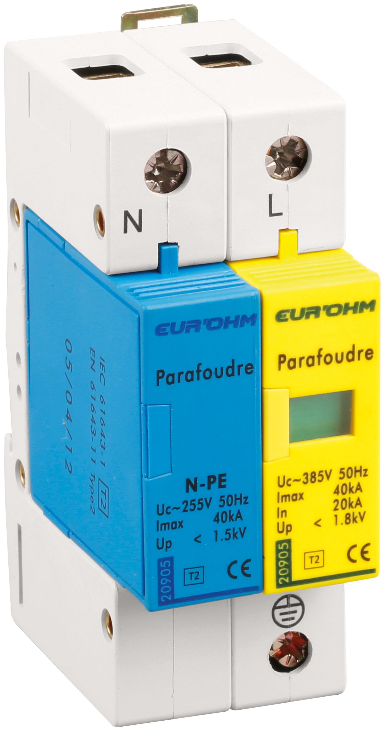 Eur Ohm - Parafoudre 1P+N  T2, Imax 40kA, In 20kA