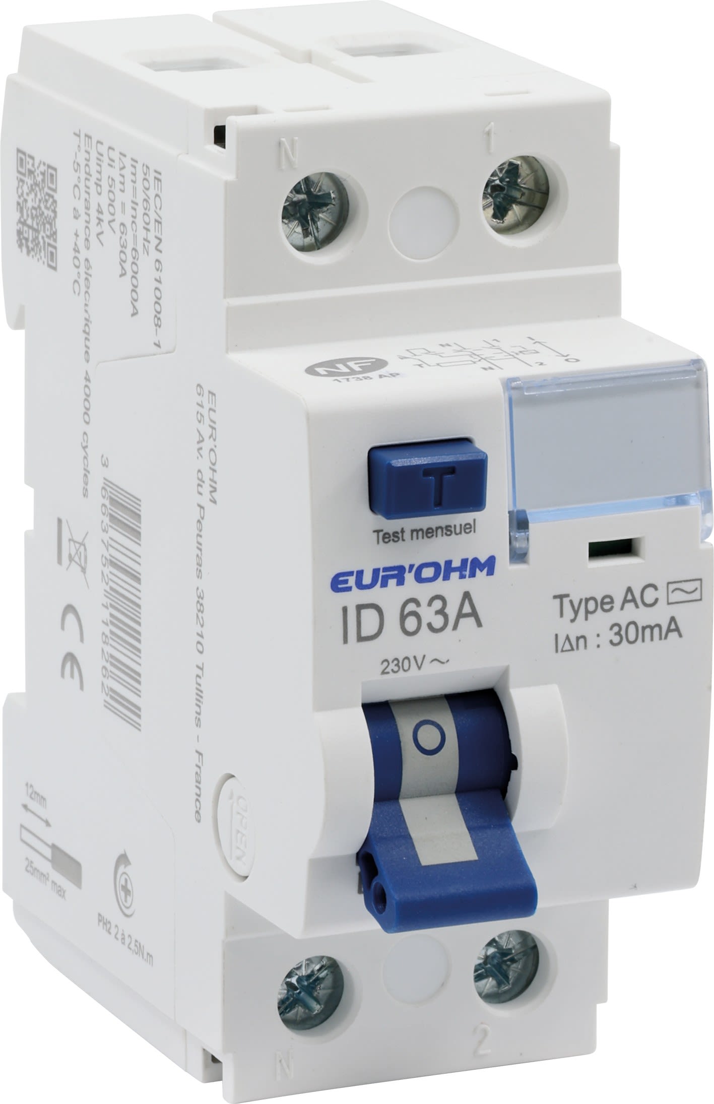 Eur Ohm - Interrupteur différentiel 63A 1P+N 30mA connexion haut/bas vis Classe AC  NF