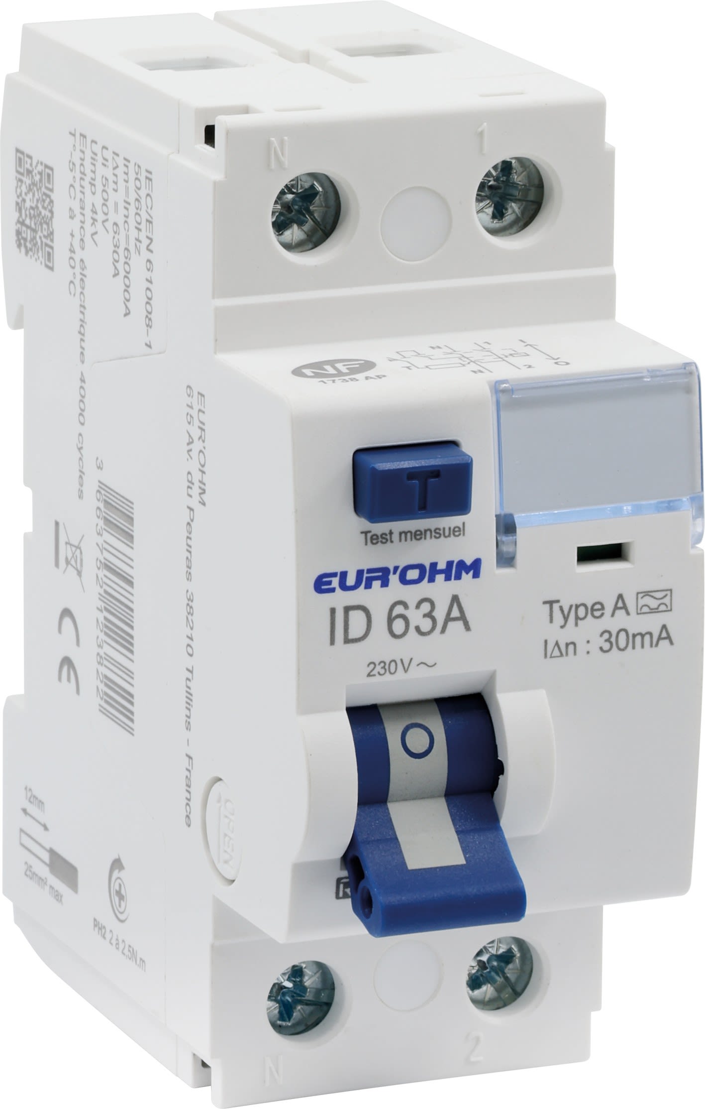 Eur Ohm - Interrupteur différentiel 63A 1P+N 30mA connexion haut/bas vis Classe A NF