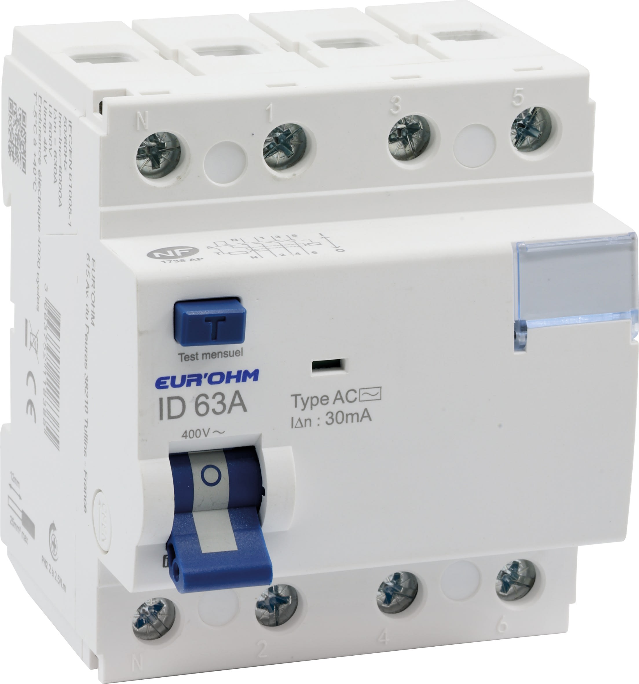 Eur Ohm - Interrupteur différentiel 63A 3P+N 30mA connexion haut/bas vis Classe AC NF