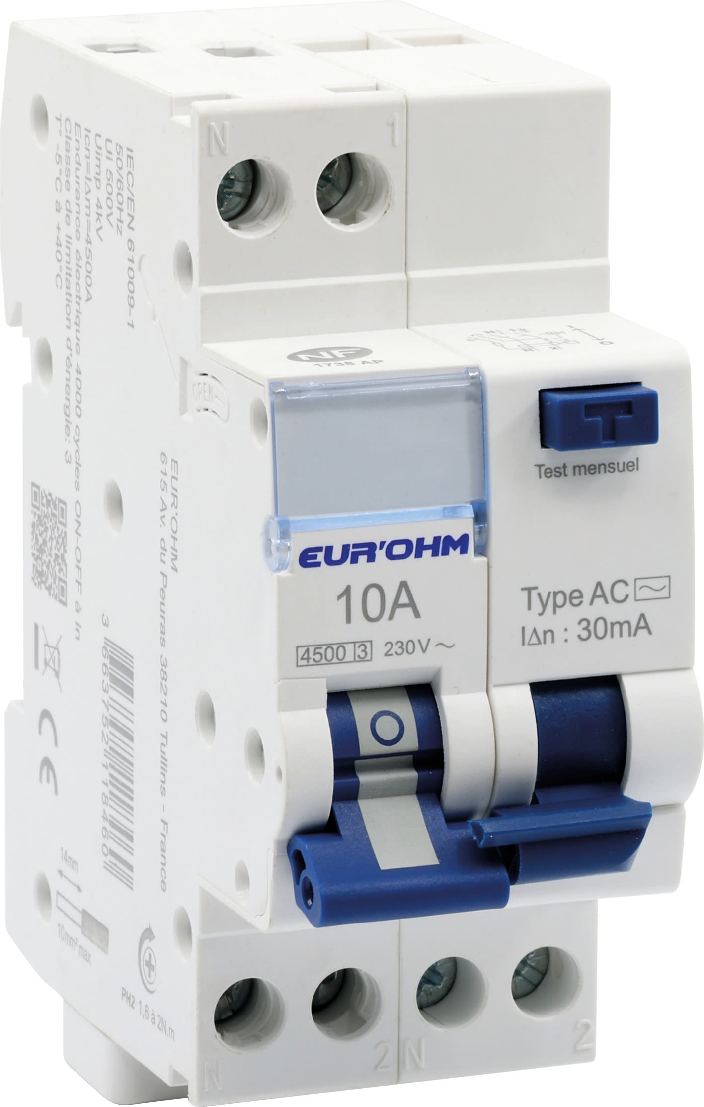 Eur Ohm - Disj diff 10A 1P+N courbe C 30mA connexion haut/bas vis Classe AC   NF