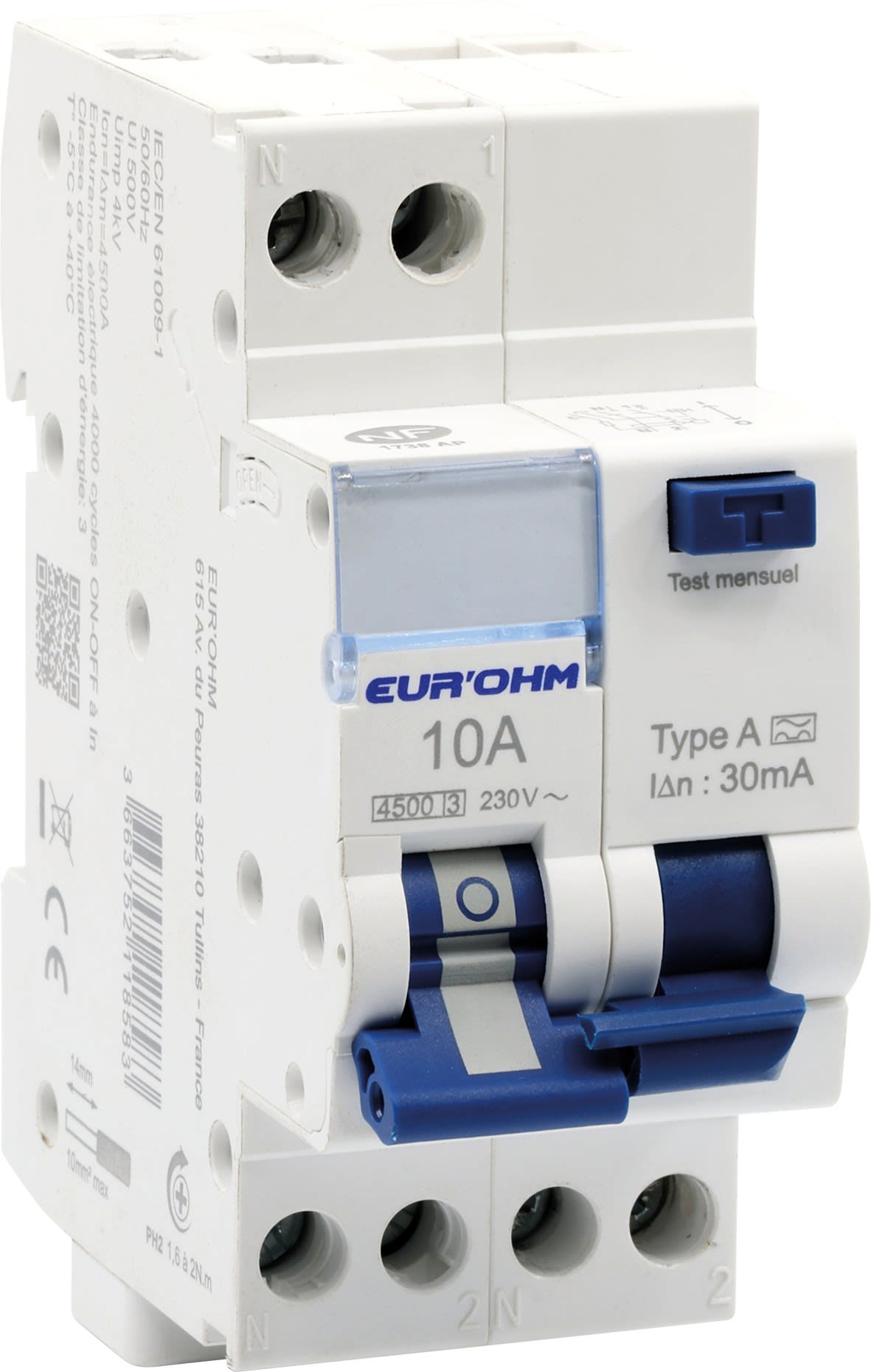 Eur Ohm - Disj diff 10A 1P+N courbe C 30mA connexion haut/bas vis Classe A   NF