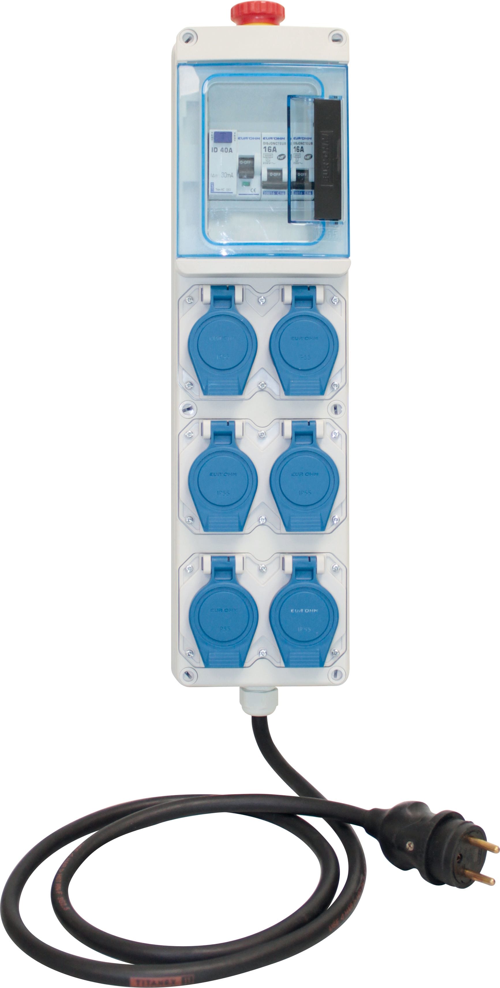 Eur Ohm - Coffret de chantier mono 6 prises 1ID 40A + 2 disj16A+6 PC 2P+T+AU + 2m HO7RNF