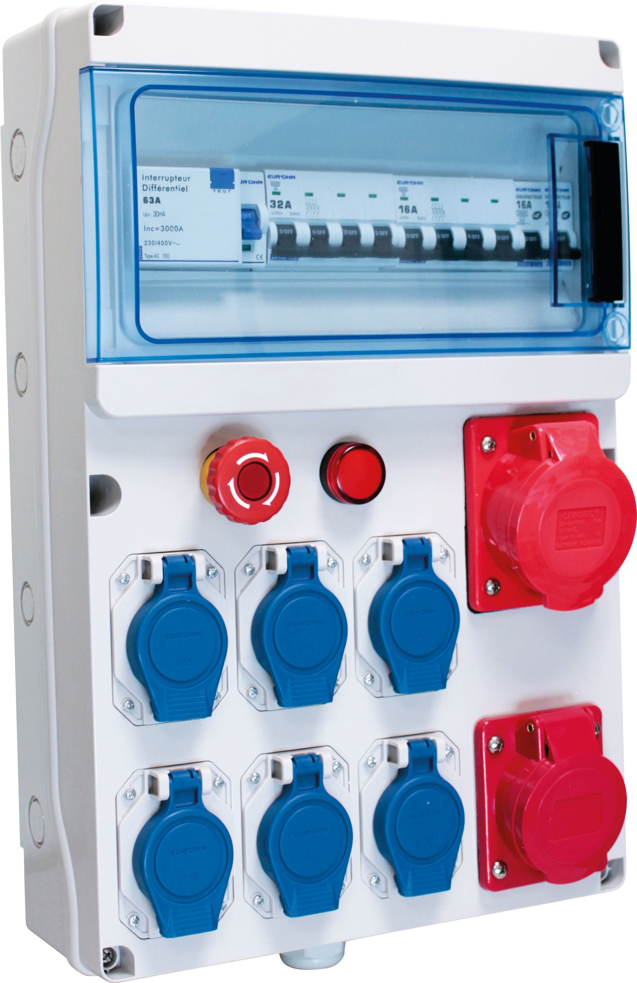 Eur Ohm - Coffret de chantier tri  1 ID 4x63A+ 3disj.+ 1PC tri 16A+1PC tri 32A+6PC+1tri