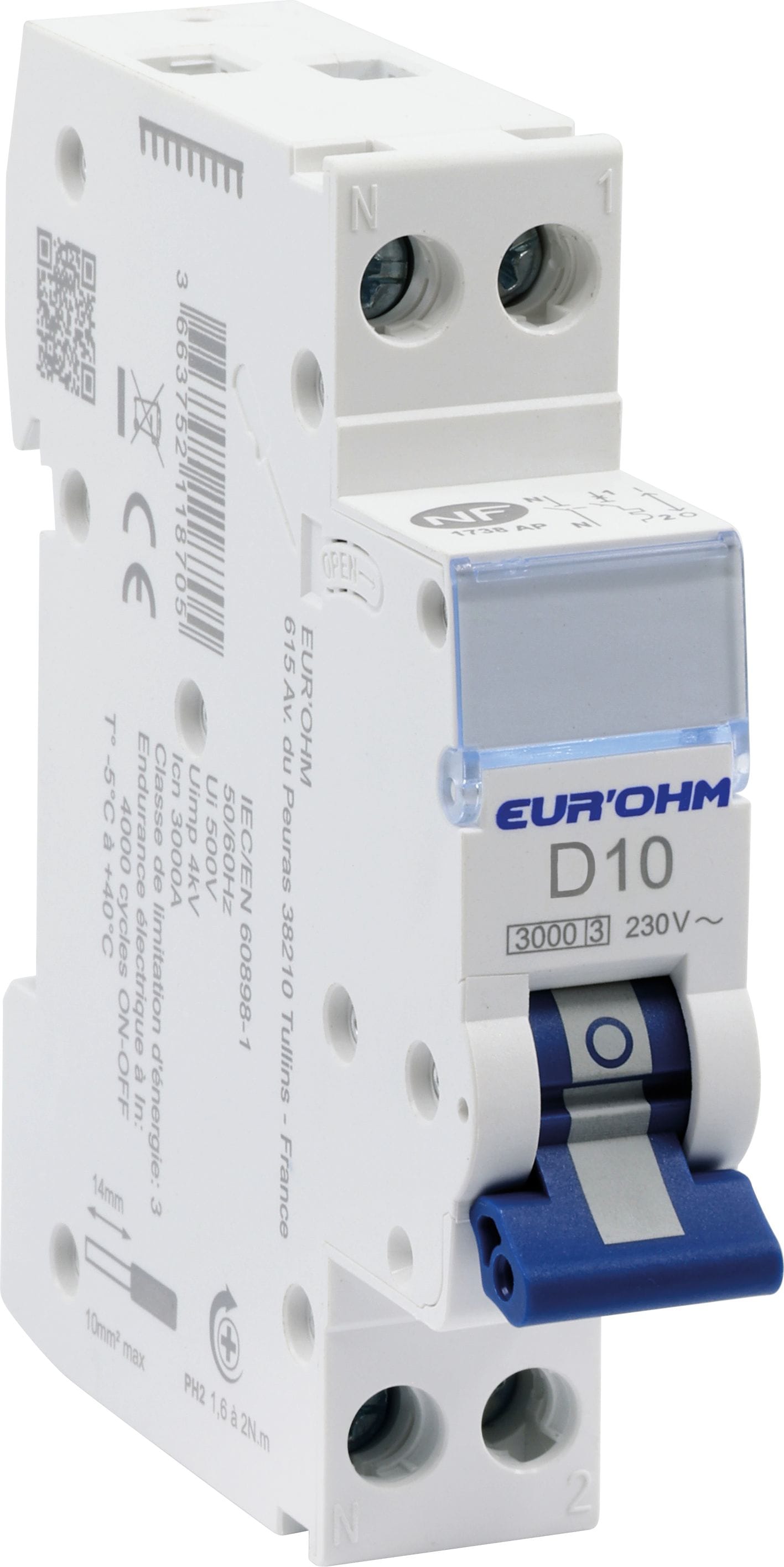 Eur Ohm - Disjoncteur 1P+N 10A courbe D connexion vis/vis  4,5kA NF
