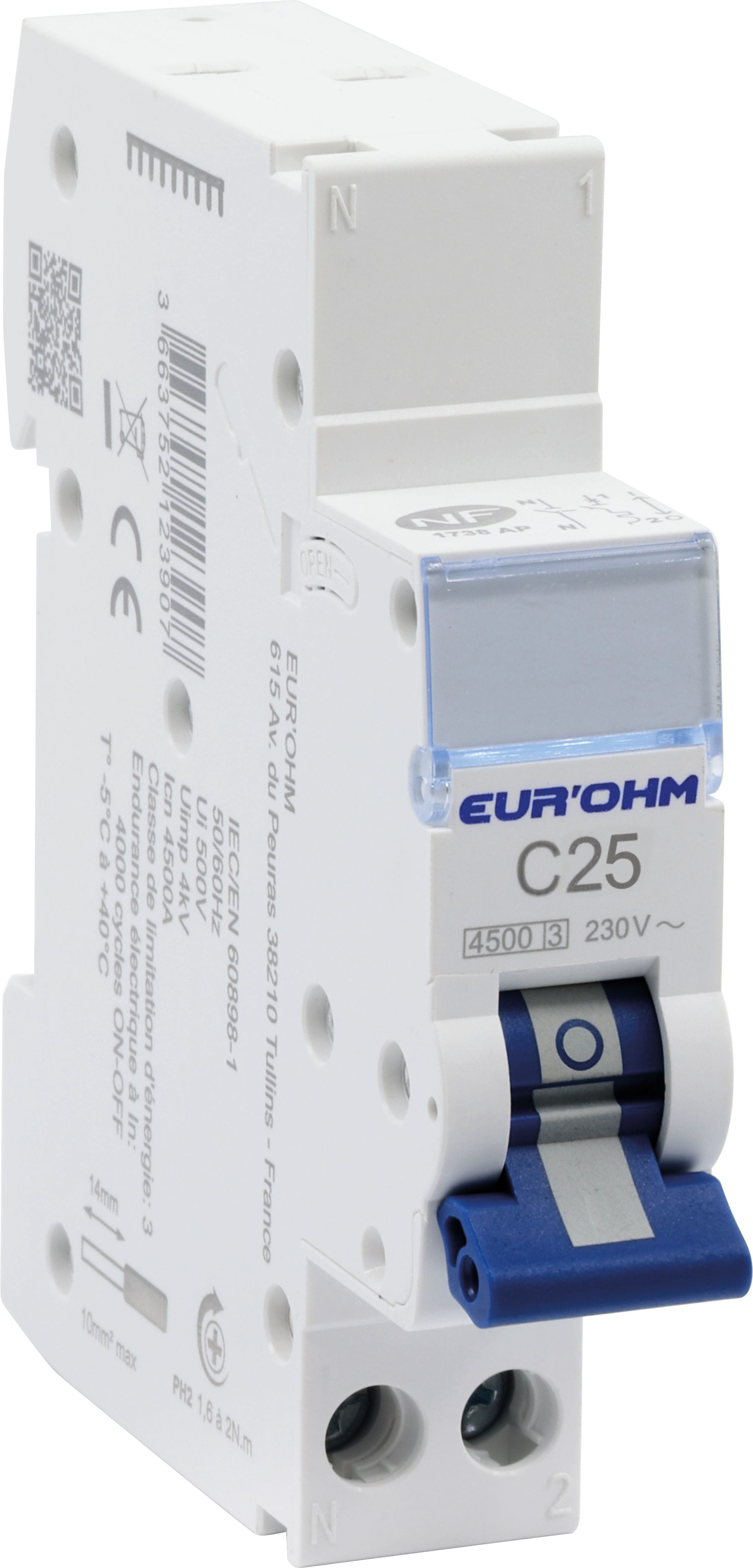 Eur Ohm - Disjoncteur 1P+N 25A courbe C connexion rapide/vis 4,5kA NF
