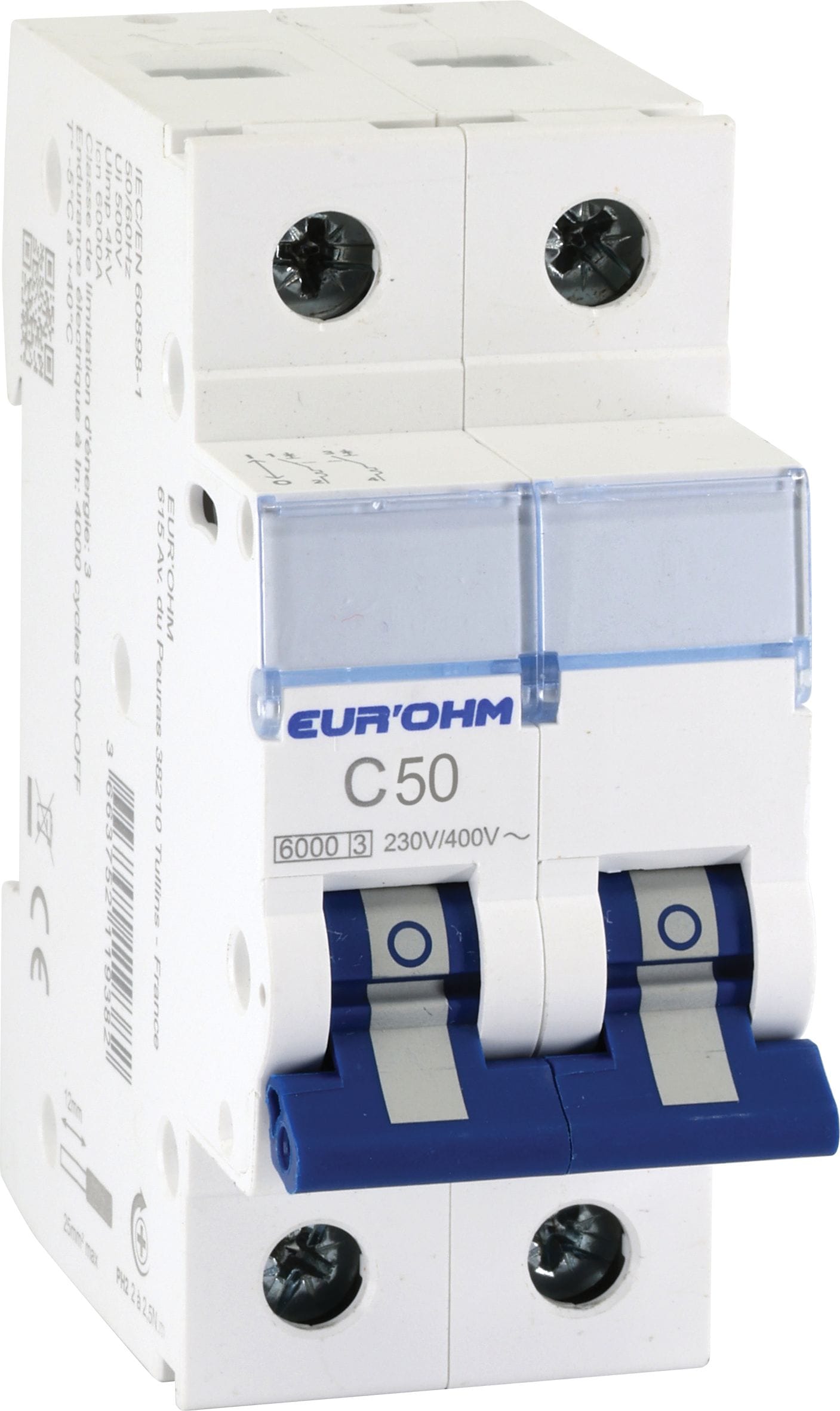 Eur Ohm - Disjoncteur 2P 50A courbe C connexion vis/vis 6kA NF