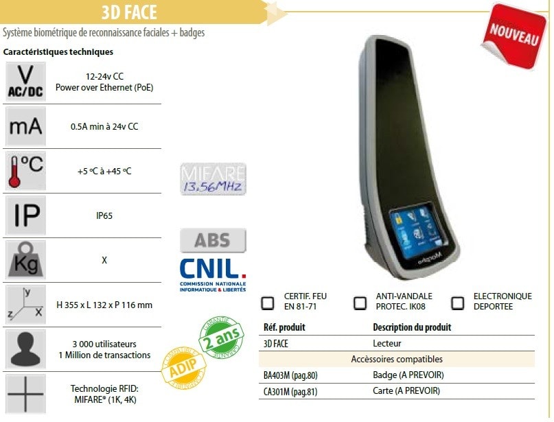 Acie Automatisme - Lecteur biométrique à reconnaissance faciale autonome ou wdt/ck