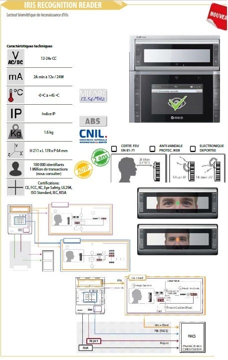 Acie Automatisme - Lecteur biométrique à reconnaissance de de l'iris autonome ou wdtck + lec m