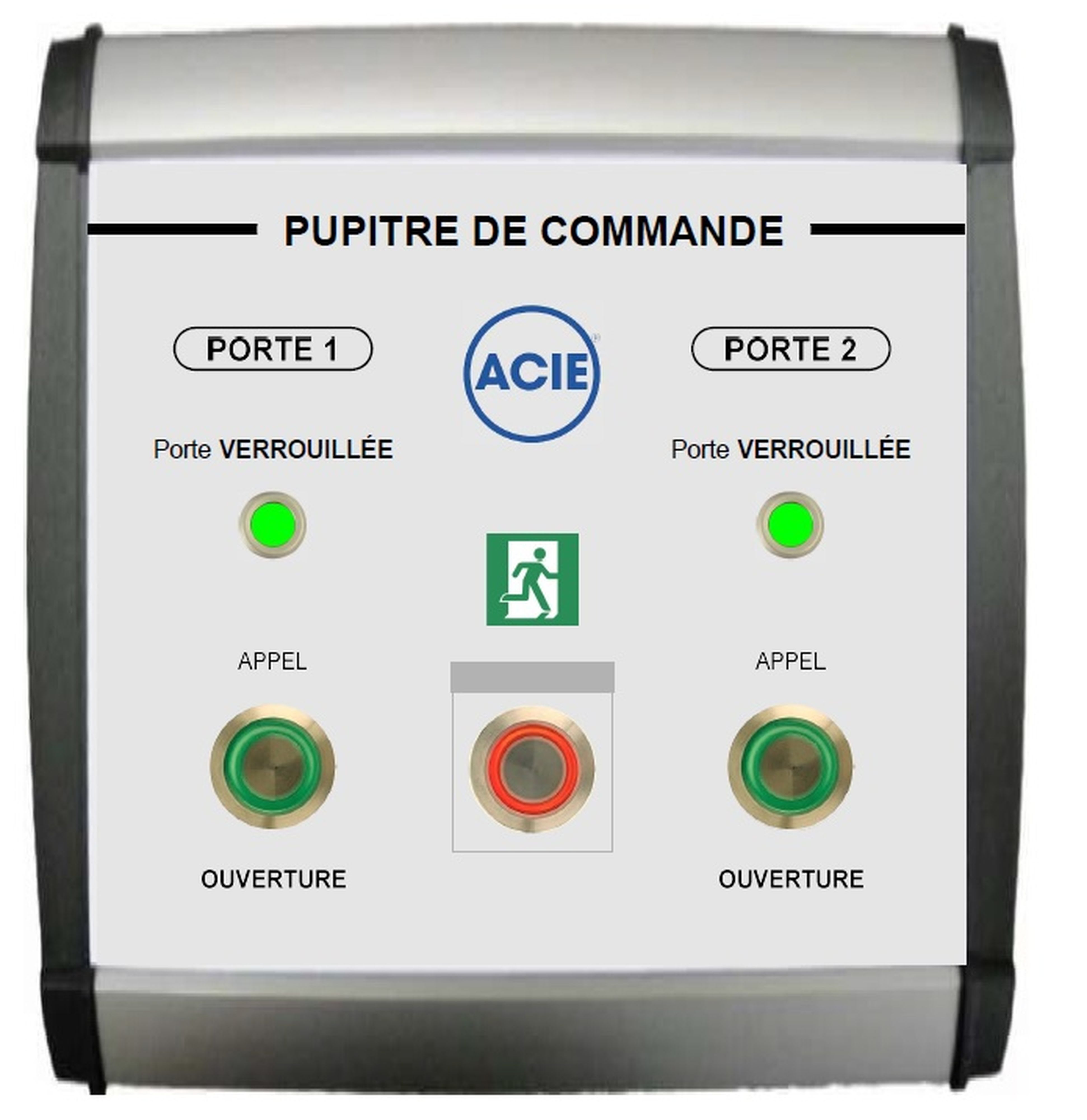 Acie Automatisme - Pupitre de gestion 2 portes avec 2 boutons poussoir lumineux et un bp panique