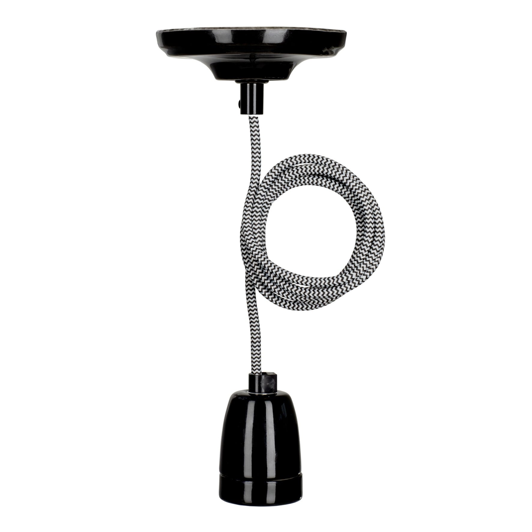 Bailey - Suspension York E27 Porcelaine Noire avec 1.5M Câble Textile Noir/Blanc