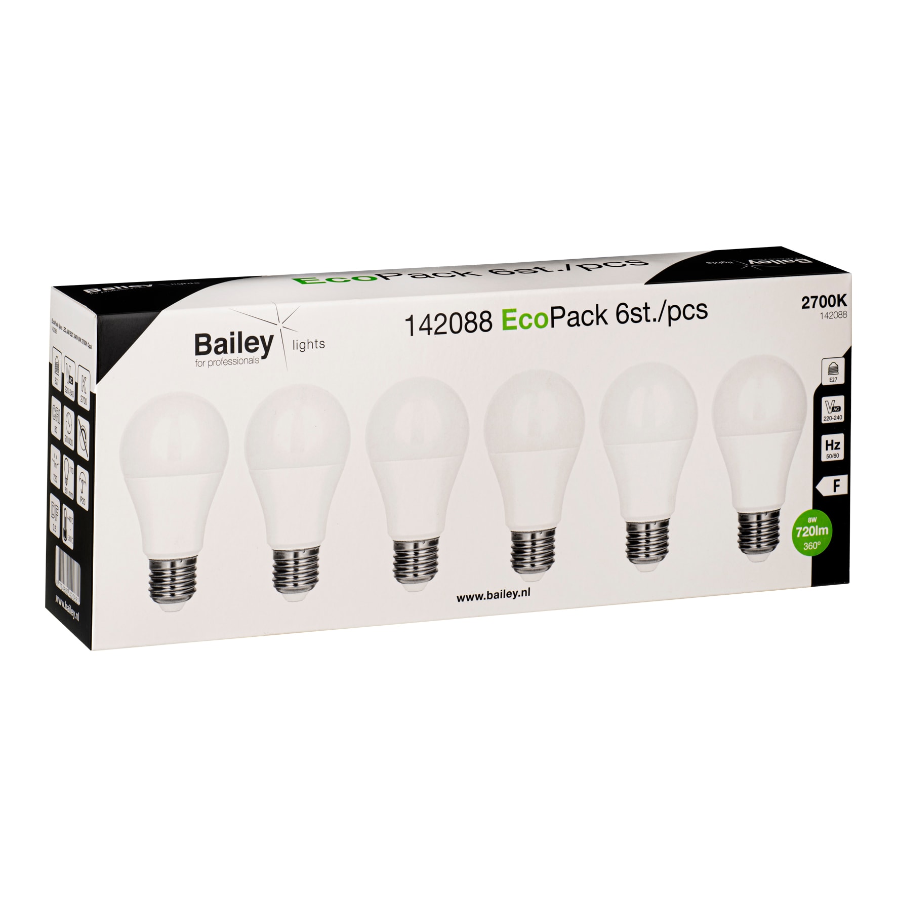 Bailey - EcoPack Lot 6pcs LED A60 E27 8W (55W) 720lm 827 Opale
