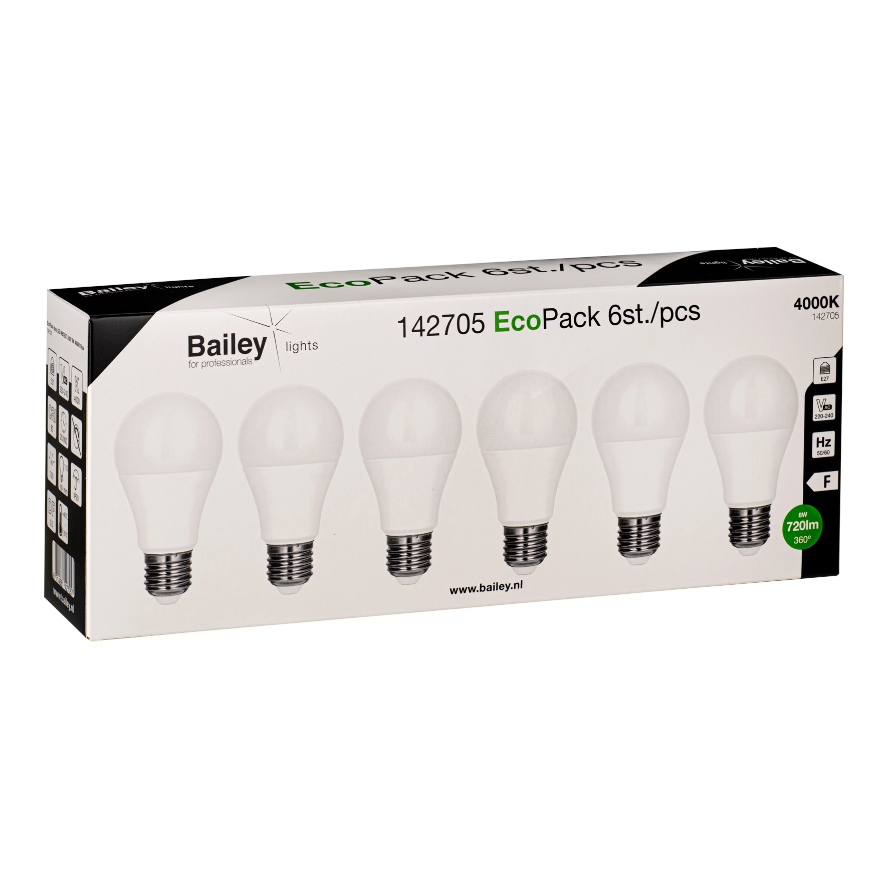 Bailey - EcoPack Lot 6pcs LED A60 E27 8W (55W) 720lm 840 Opale