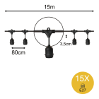 Bailey - Guirlande 15m Noir avec 15 douilles E27 suspendues (sans lampes) - Max 350W LED