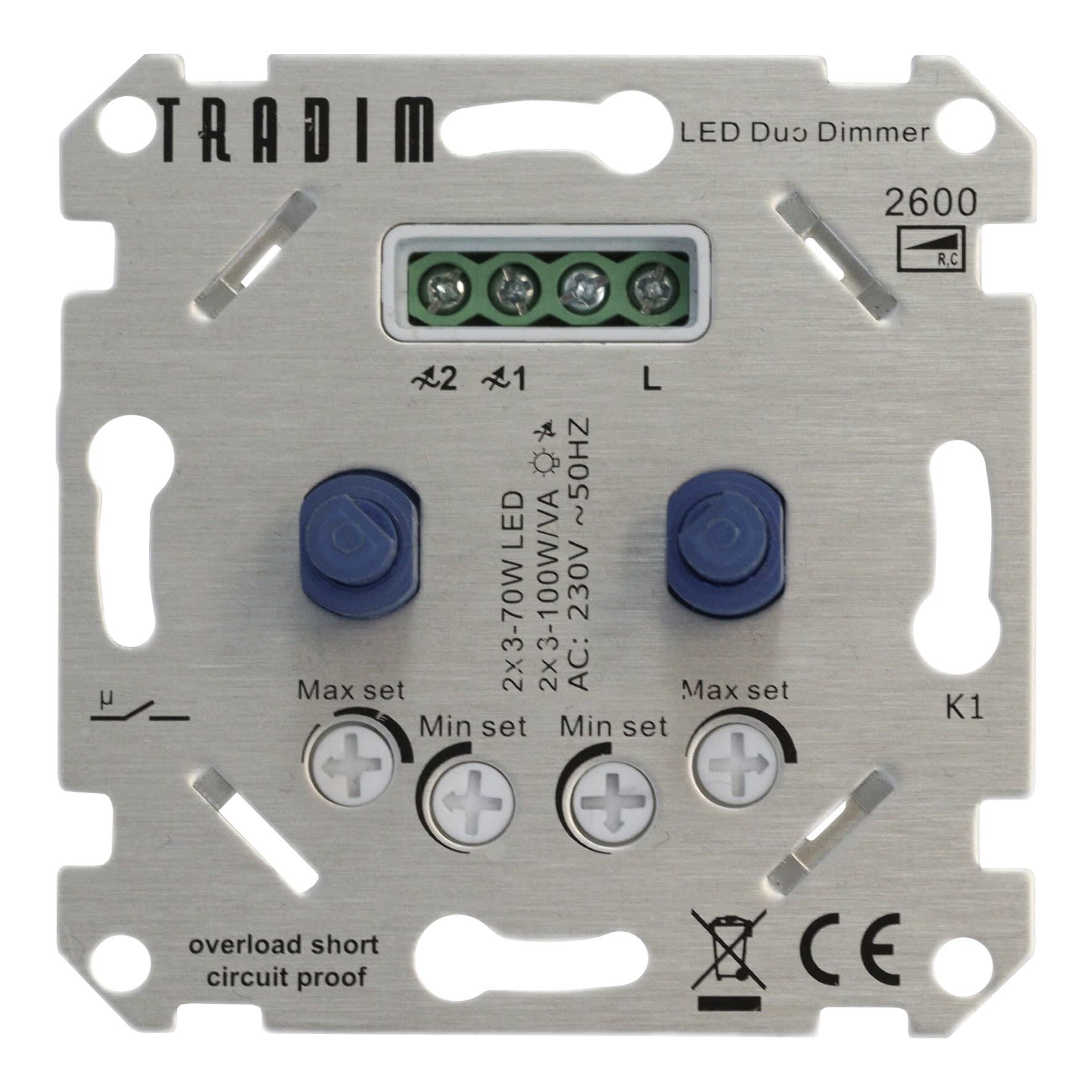 Bailey - Tradim 2600 RC LED Variateur mural Duo 2x 3-100W/VA LED jusqu'à 70W/230V / canal