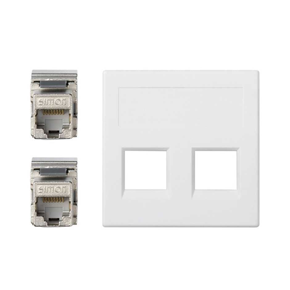 Simon - Plaque VDM plate sans volet anti-poussière 2 connecteurs RJ. Cat.6A - Blanc