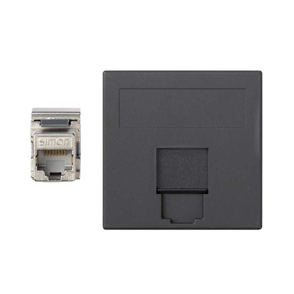 Simon - Plaque K45 VDM plate avec volet 1 x RJ45 F-F Cat. 6 FTP - Gris noir