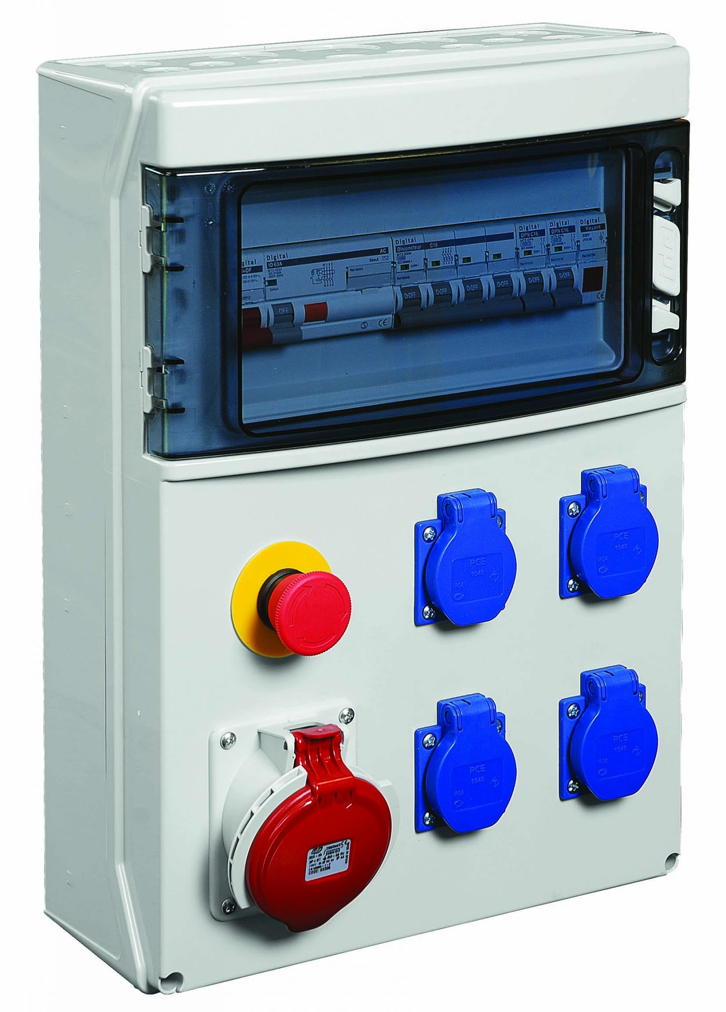 Depagne - Coffret de distribution gris - 4 prises bipolaires + 1 prise tétrapolaire :