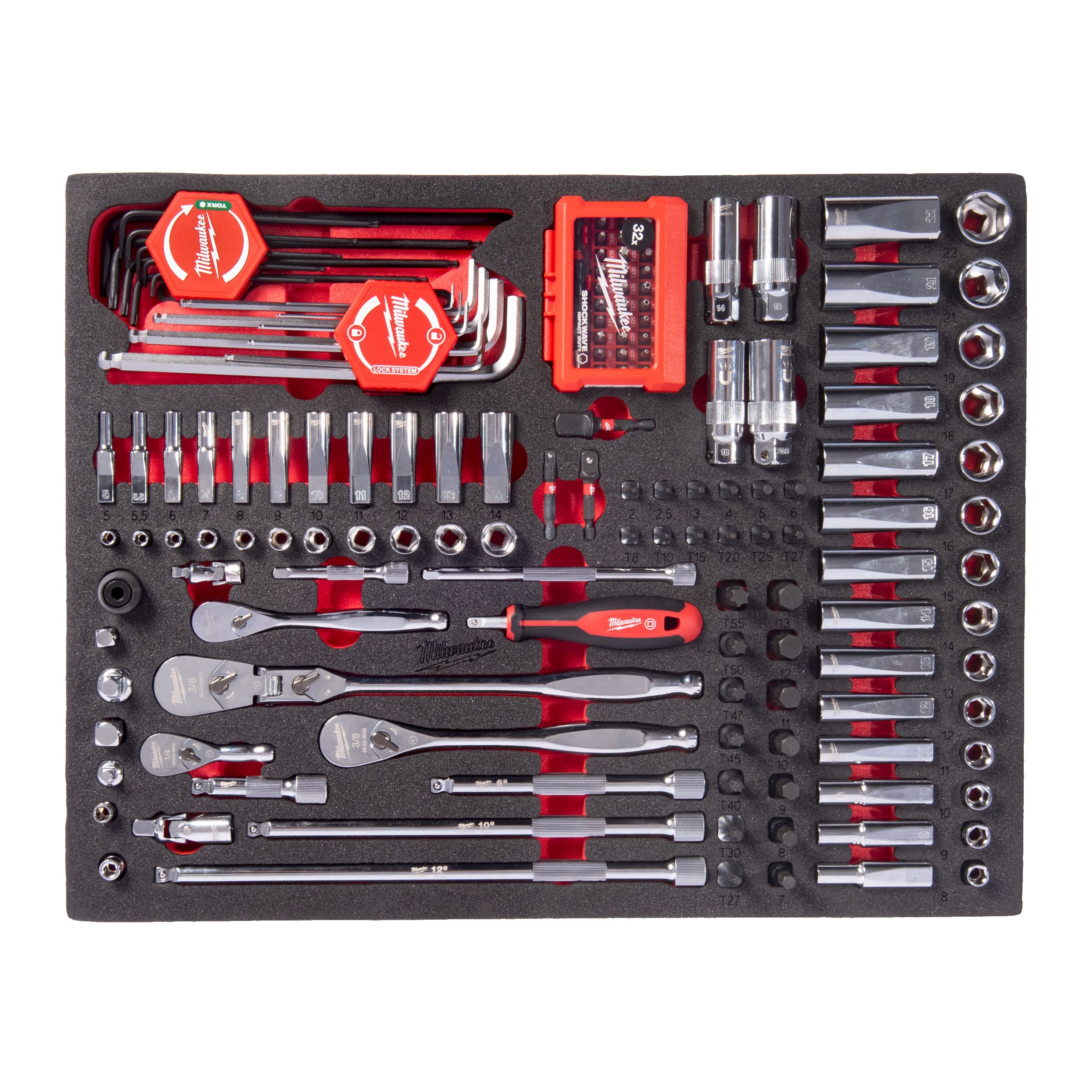 MILWAUKEE - MODULES SERVANTE MOUSSE SET DE DOUILLES ET CLIQUETS 1/4" ET 3/8" DE 153 PCS