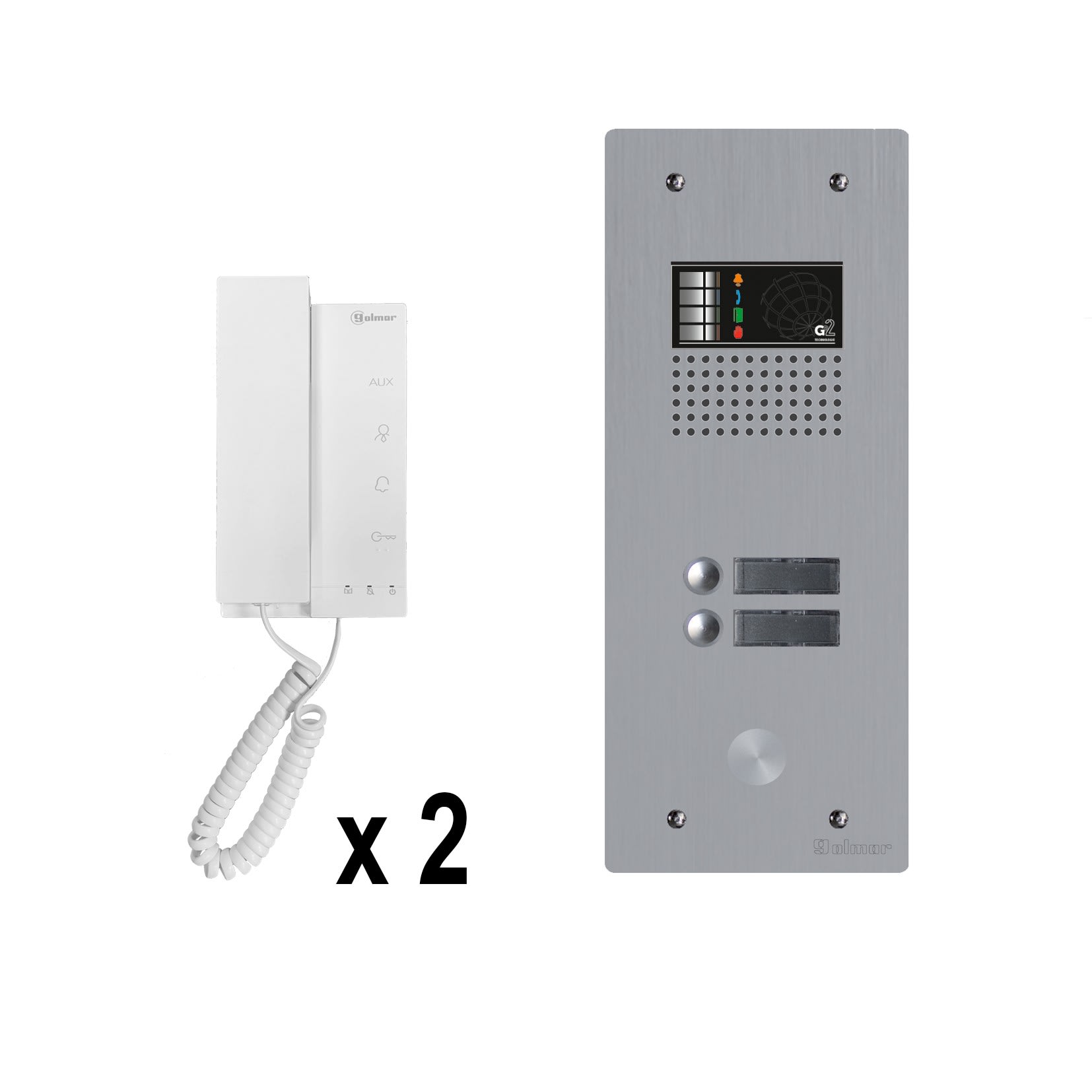 Golmar - Kit audio 2 appels BUS G2P avec platine monobloc alu 1 rangee 2 boutons