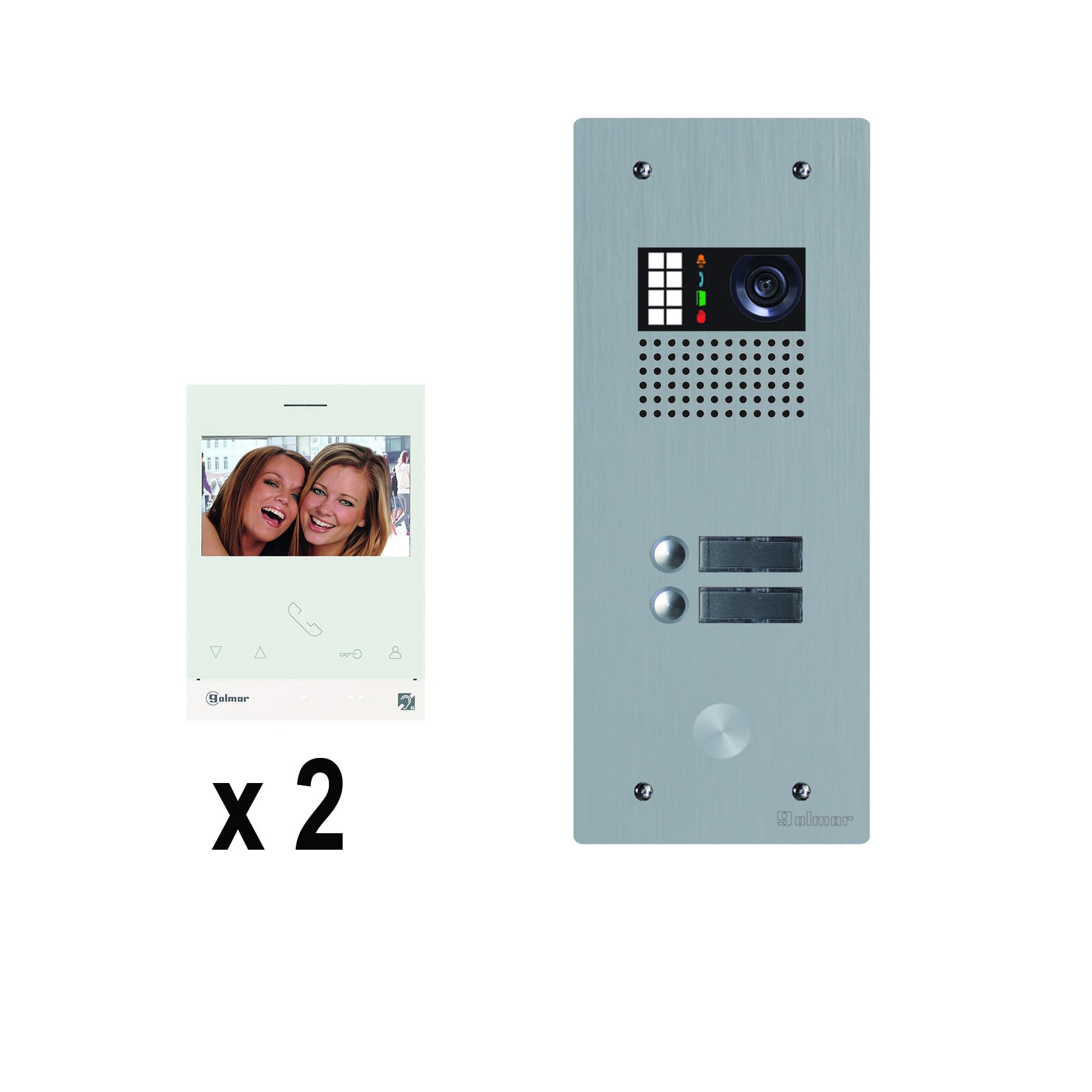Golmar - Kit video 2 appels BUS G2P avec platine monobloc alu 1 rangee 2 boutons