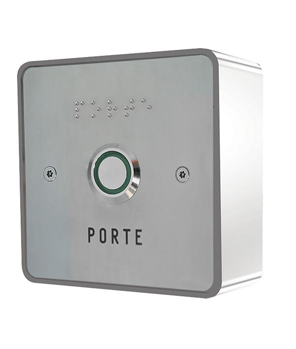 Golmar - Bouton de sortie saillie Zamac NO (Temp.)/NF éclairé PMR avec faç. inox 85x85 mm