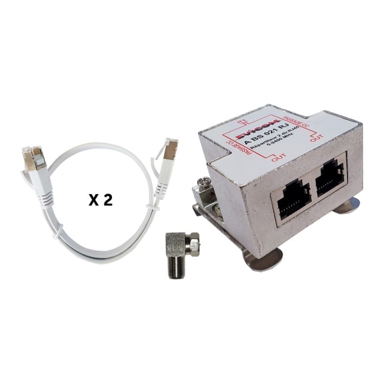 Evicom - Kit Répartiteur ULB 2 dir. F/RJ45 + 2 cordons RJ/RJ plats + conn.F coudé