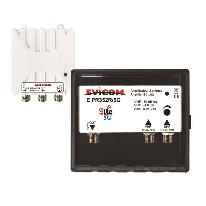 Evicom - Kit préamplificateur 30 dB + couplage VHF + alim 24 Vcc 2 sorties