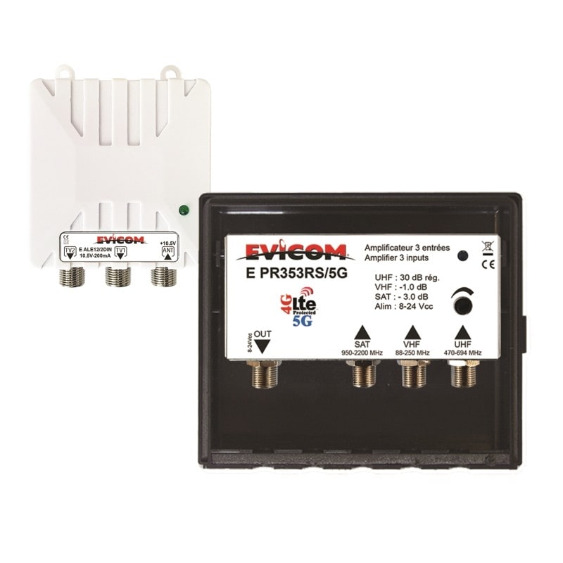 Evicom - Kit préamplificateur 30 dB avec couplage SAT et VHF + alim. 10 Vcc 2 sorties
