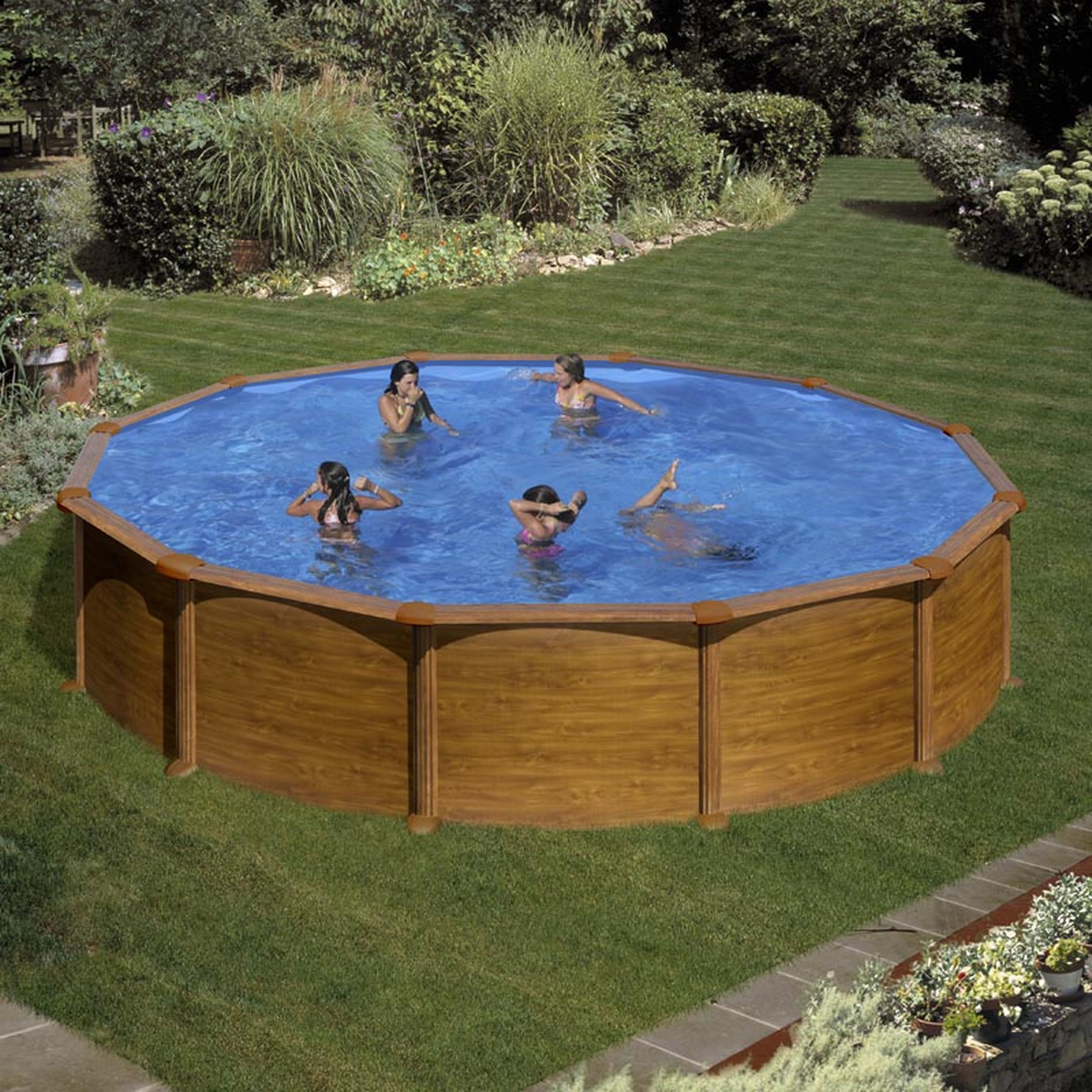 Astralpool - Piscine Mauritius Ronde Imitation Bois, 5,50 M H1,32M, 5M3/H, Echelle 2X3