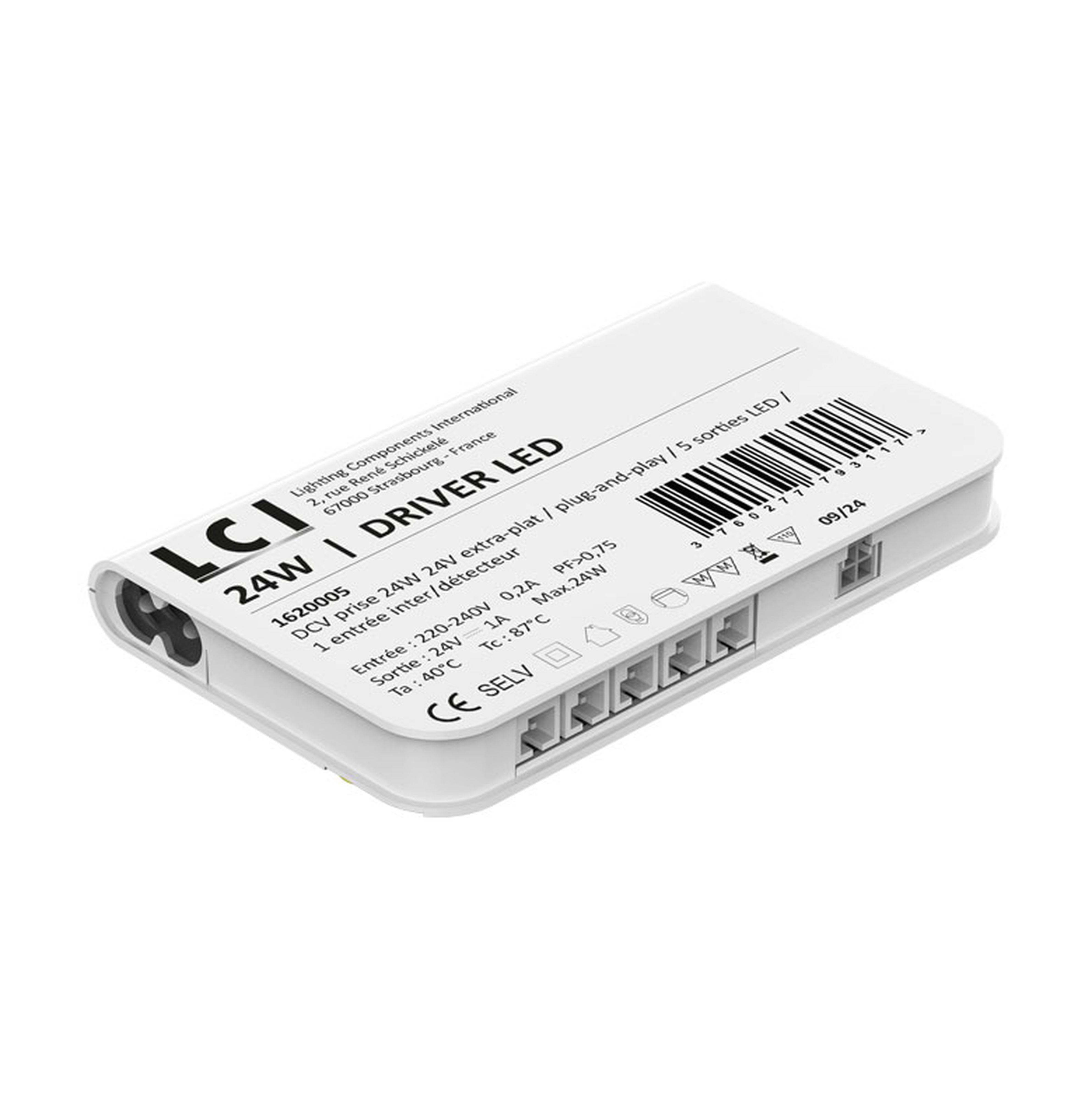 LCI - DCV prise 24W 24V extra-plat / plug-and-play / 5 sorties LED / 1 entrée inter/dé