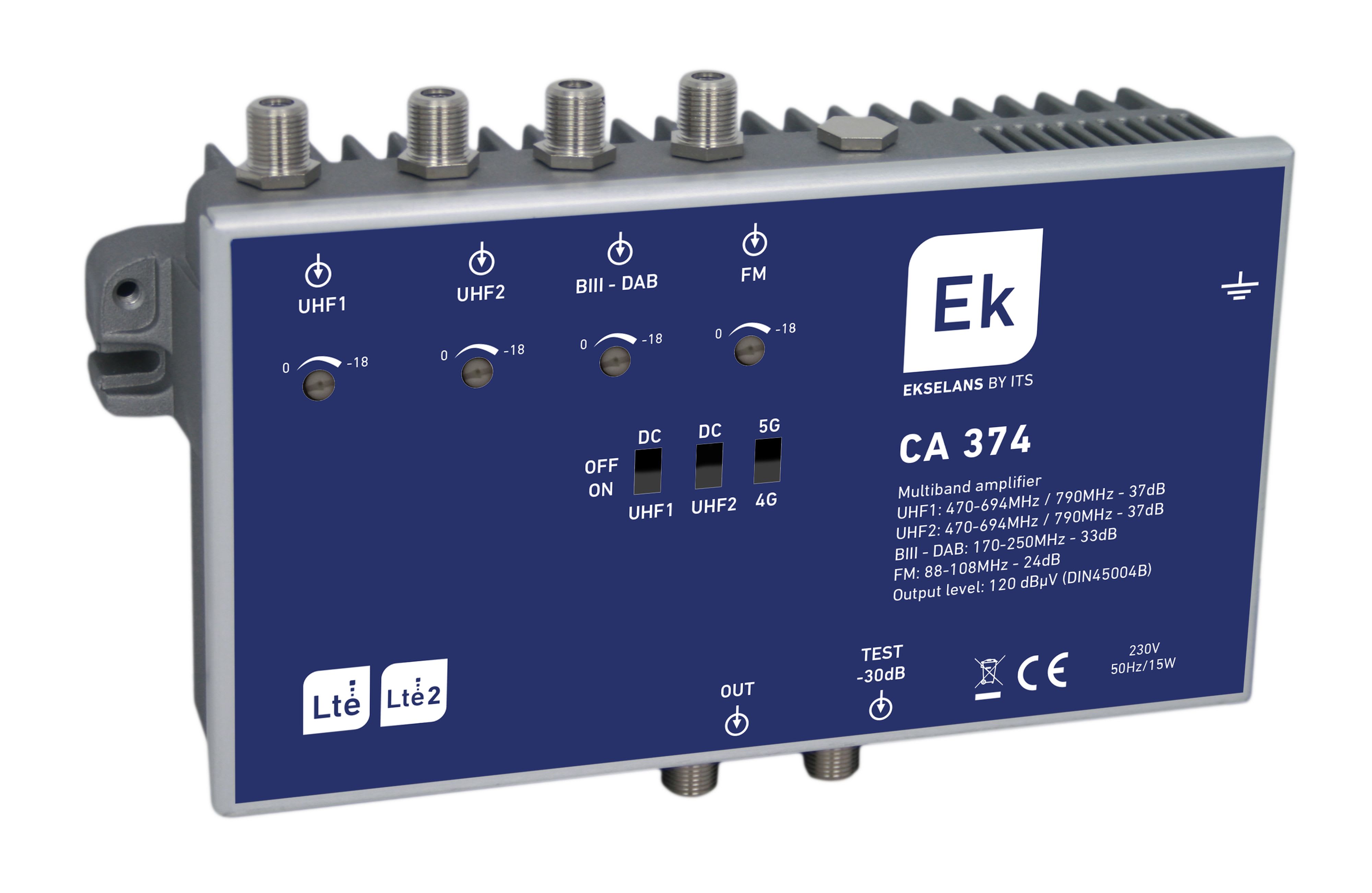 CAE Data - Centrale d'amplification LTE 5G. 4 entrées: FM/BIII-DAB /UHF1/UHF2. Classe A